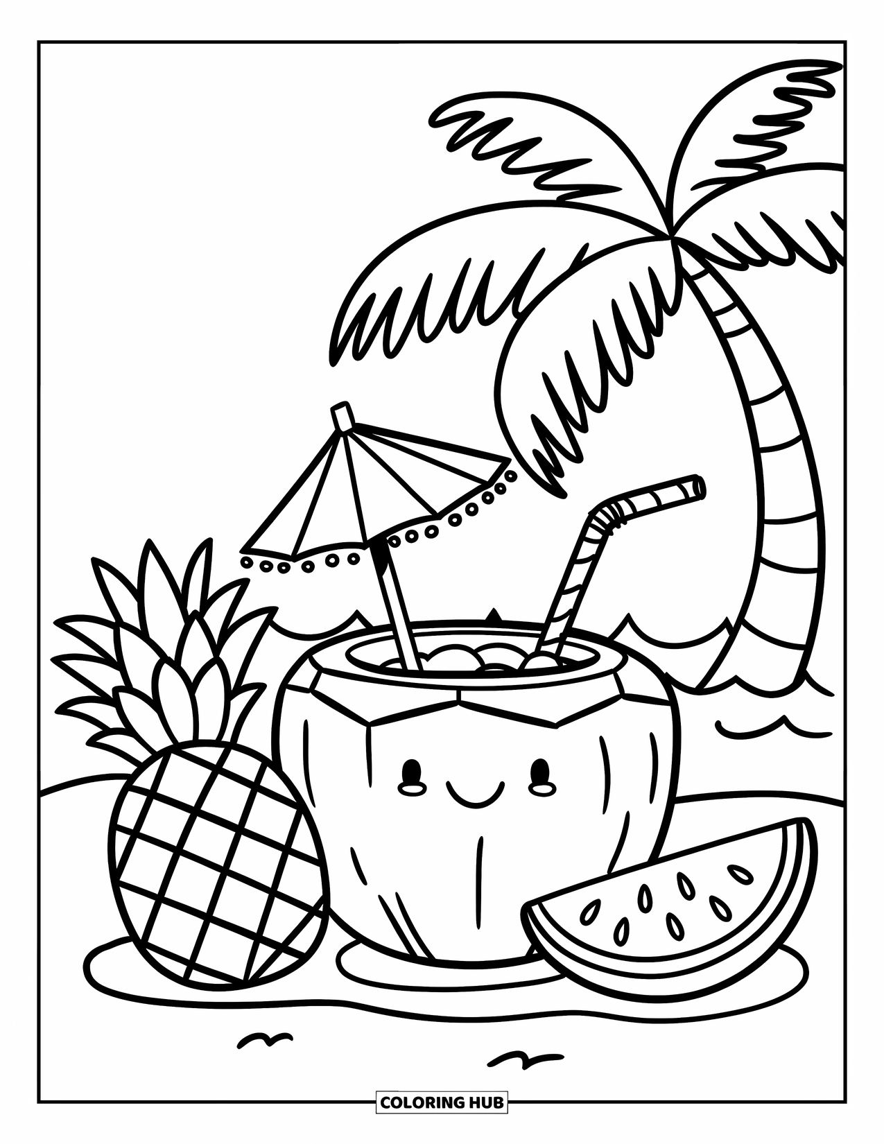 Drink Coloring Page for Adults: A coconut drink with fruit slices sits on a tropical island with waves and a palm tree nearby