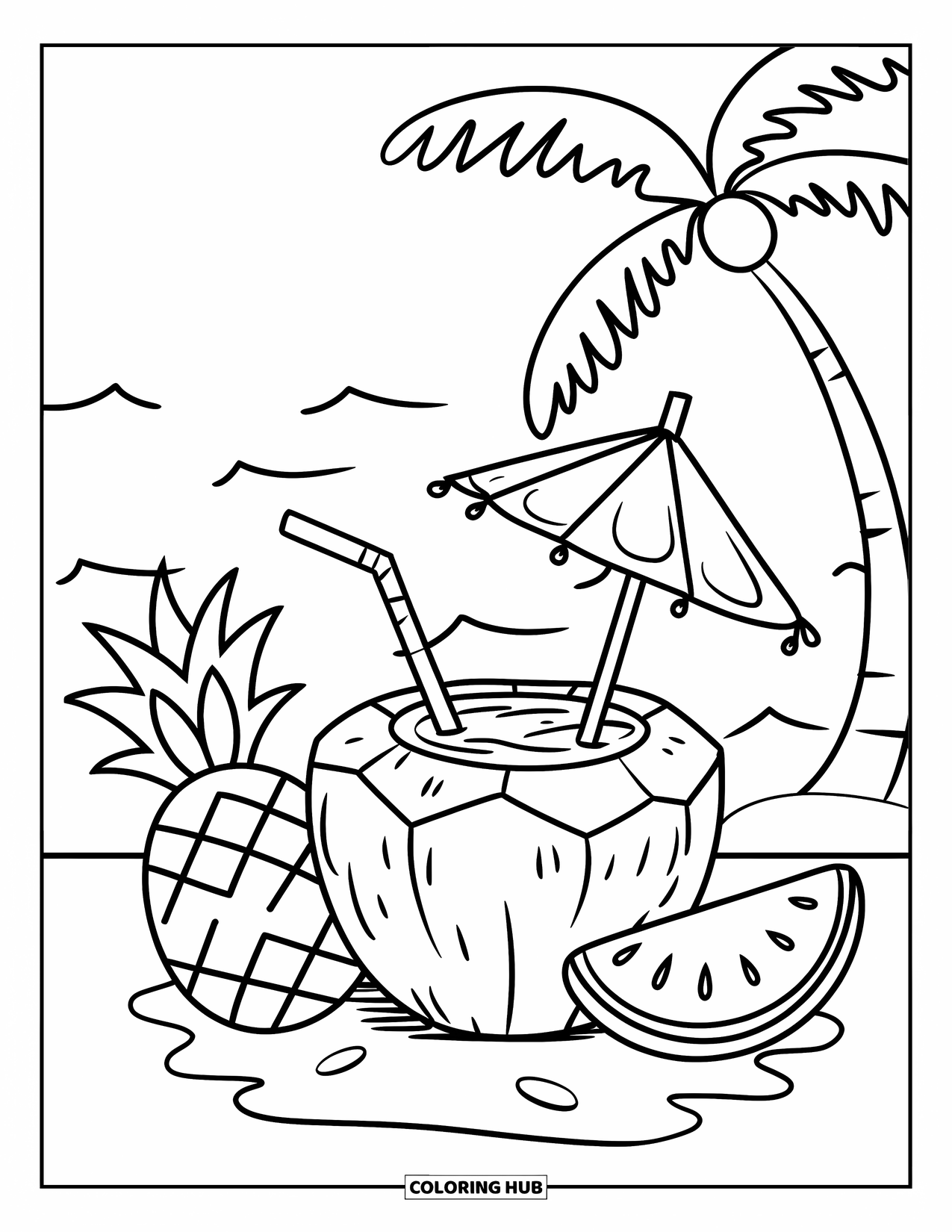 Drink Coloring Page for Adults: A coconut with a straw and umbrella rests on a sandy island with a pineapple and watermelon slice