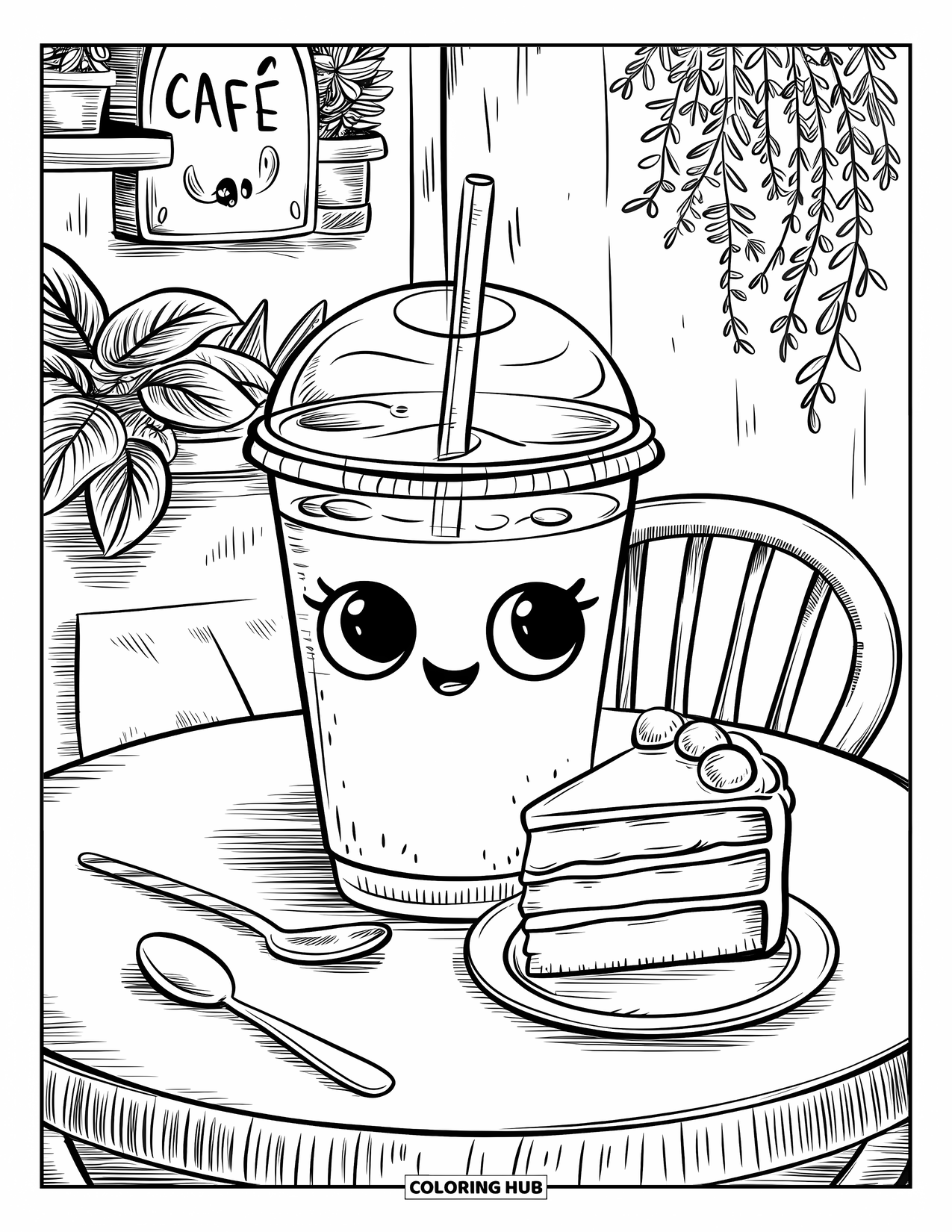 Drink Coloring Page for Adults: A cute iced coffee cup with a smiling face sits at a café table with cake and a straw