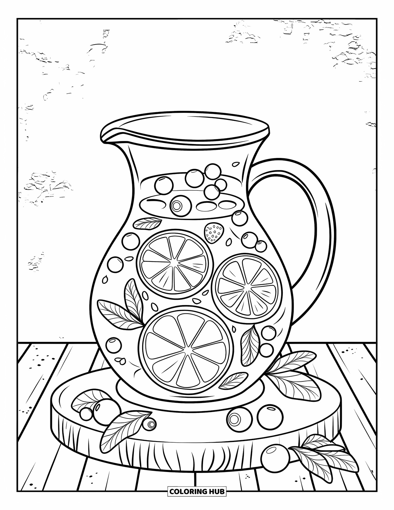 Drink Coloring Page for Adults: A decorative fruit-infused water pitcher with berries and citrus slices rests on a wooden board