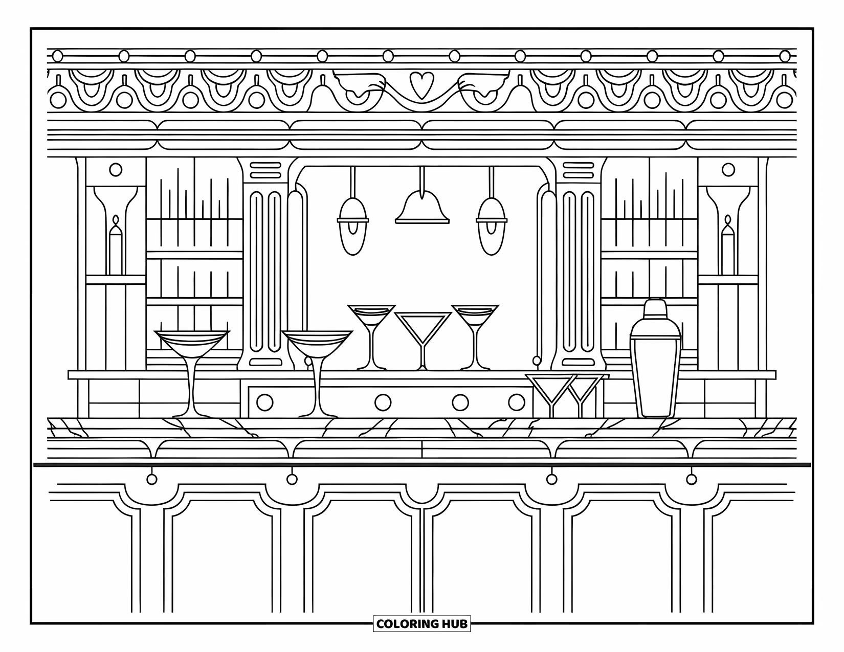 Drink Coloring Page for Adults: A detailed cocktail bar scene with glassware, a shaker, and a vintage bar setting