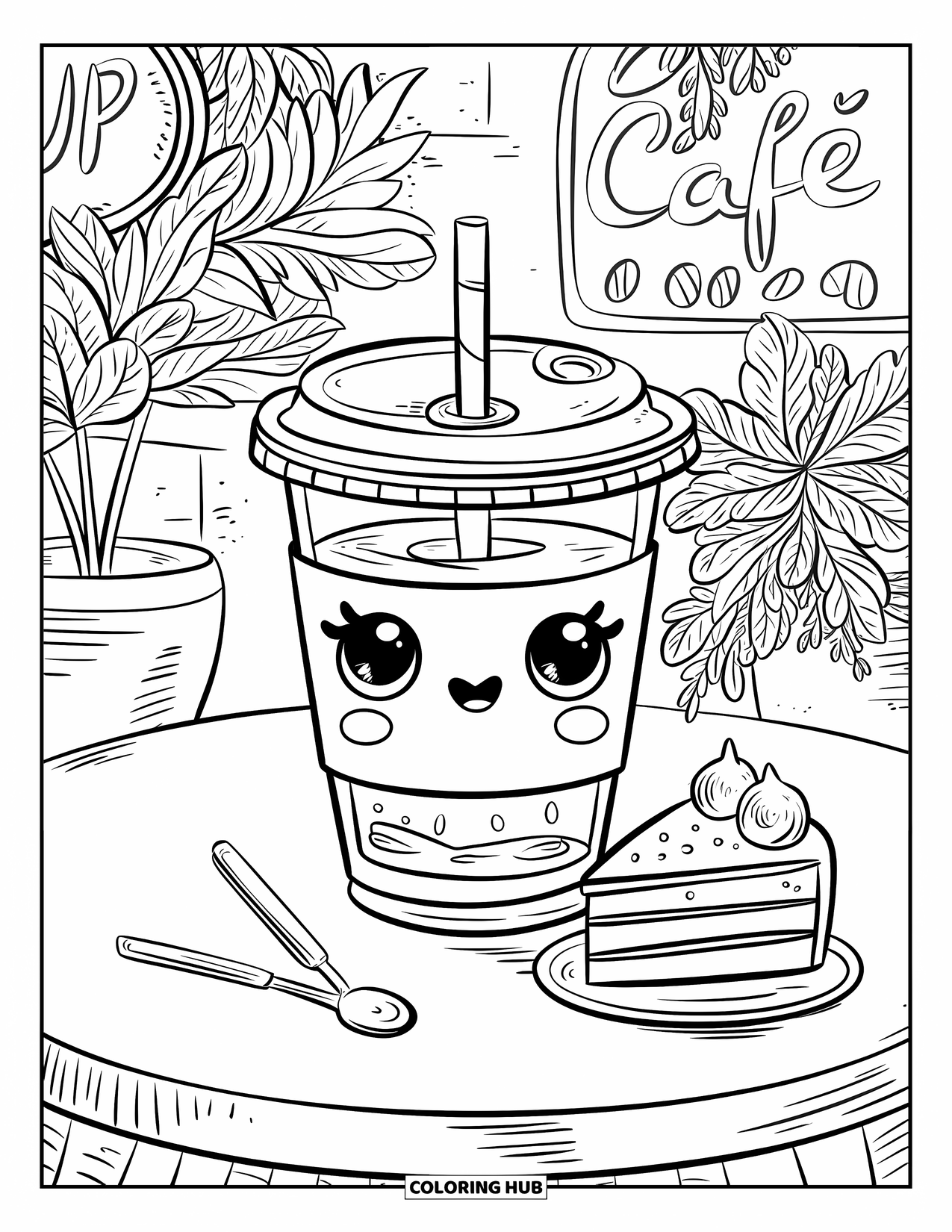 Drink Coloring Page for Adults: A happy iced coffee cup sits at a cozy café table with a slice of cake and a tiny spoon