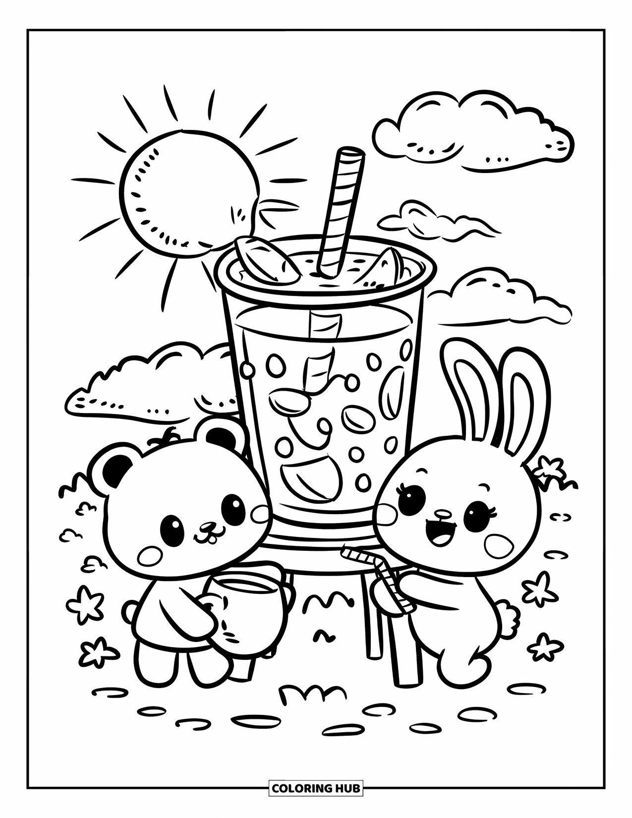 Drink Coloring Page for Adults: A lemonade cup at a stand serves a bear and bunny in a sunny setting with fluffy clouds