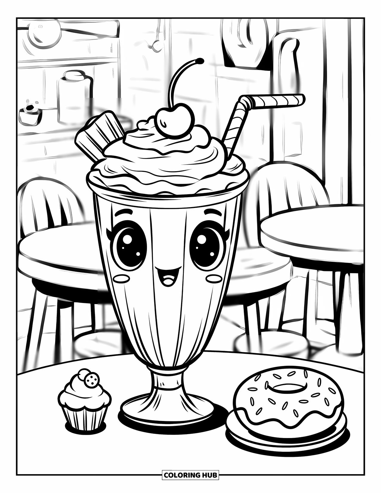 Drink Coloring Page for Adults: A milkshake glass with a swirly straw sits on a table with a tiny cupcake and doughnut nearby