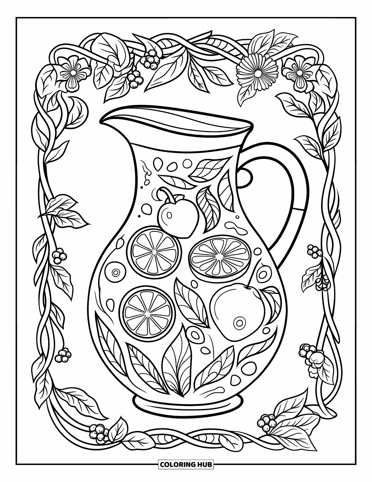 Drink Coloring Page for Adults: A pitcher of fruit-infused water with floating berries and citrus slices has an intricate floral design