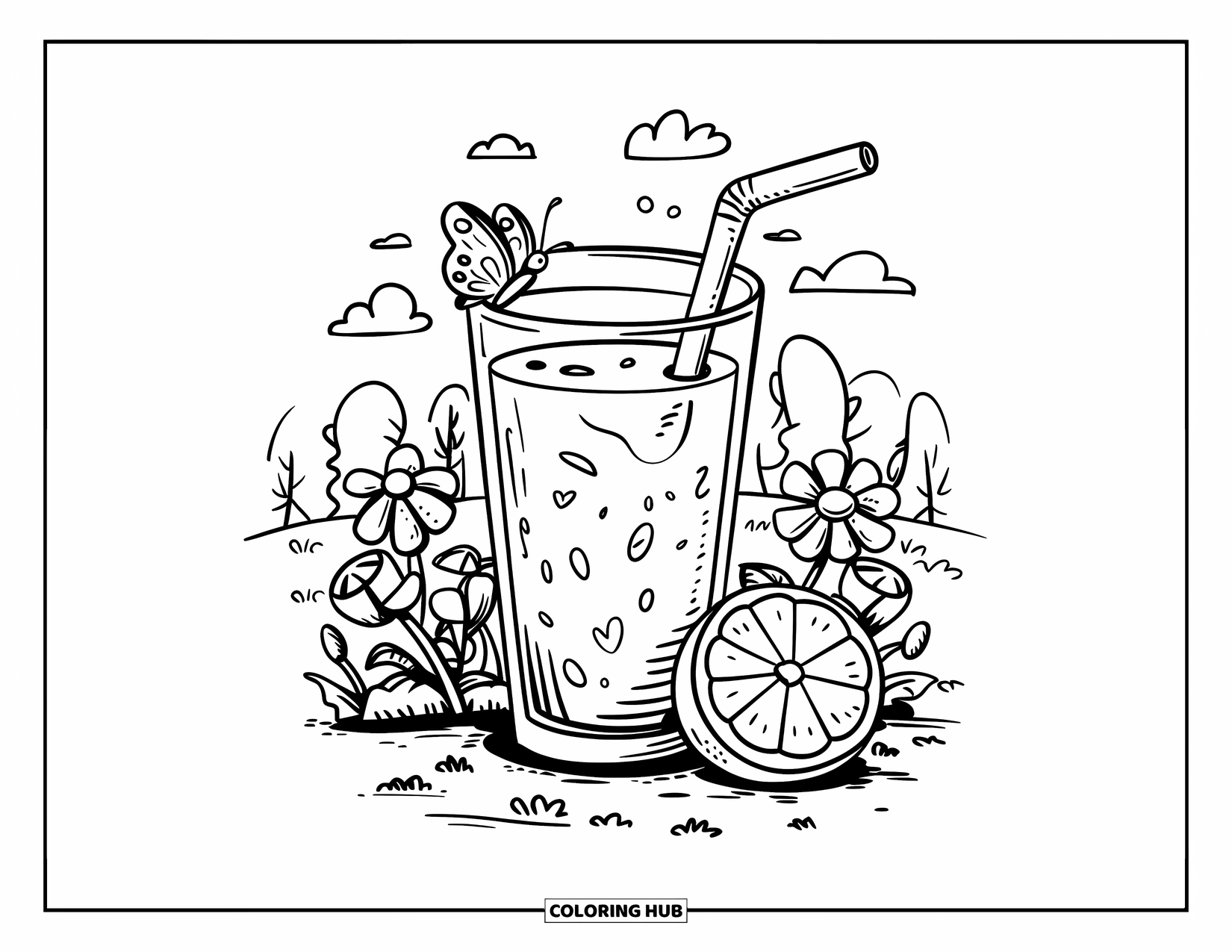 Drink Coloring Page for Adults: A playful glass of orange juice with a butterfly and a smiling orange slice sits in a meadow
