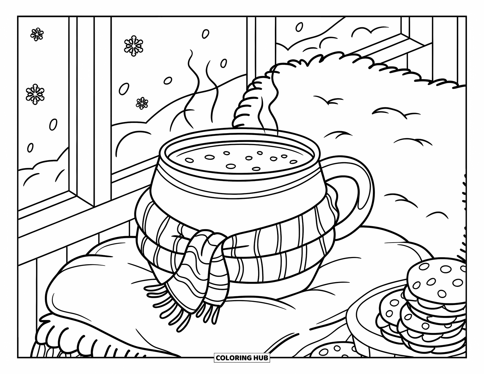 Drink Coloring Page for Adults: A round mug wrapped in a scarf sits on a cushion with a snowy window and cookies beside it