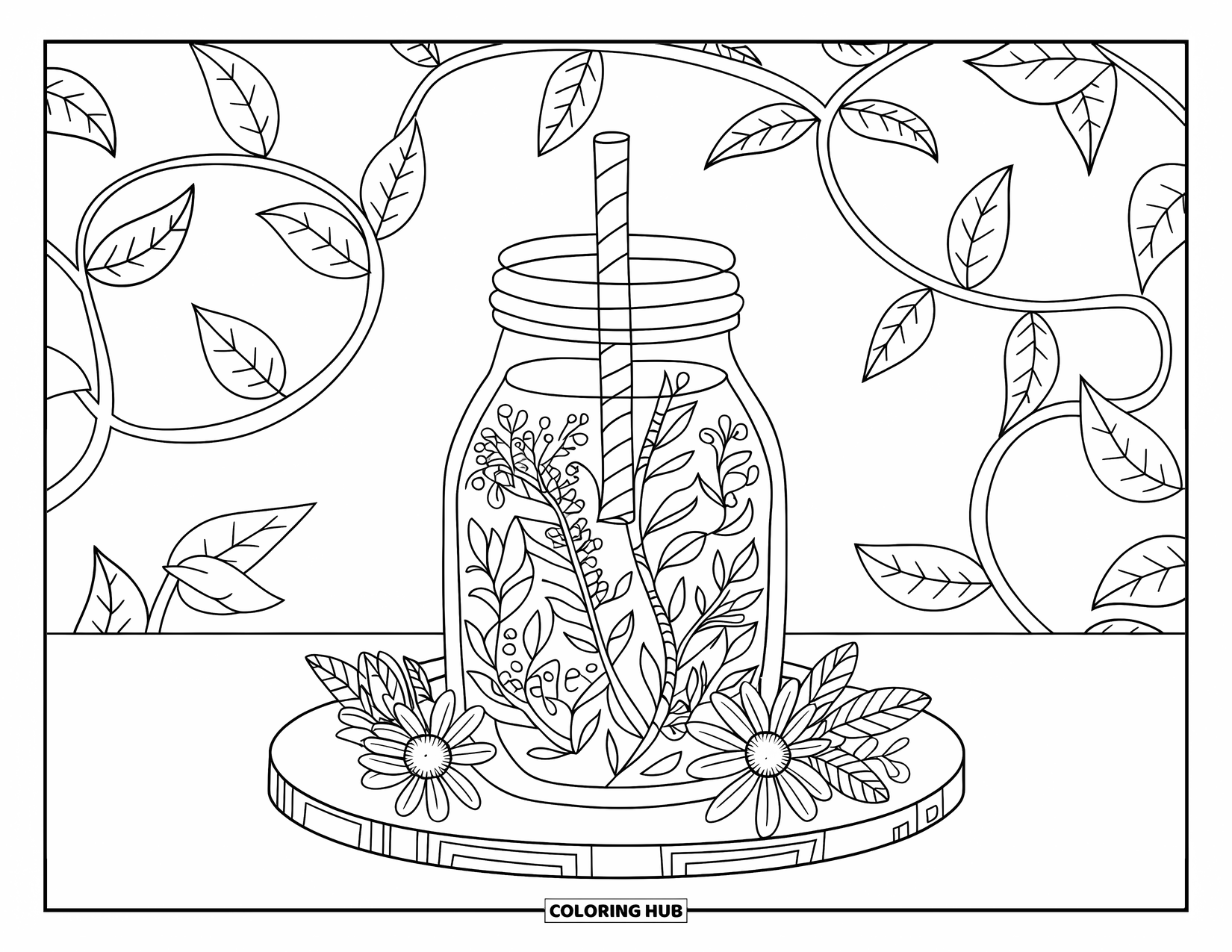 Drink Coloring Page for Adults: A spa-themed detox drink in a jar sits on a wooden board with an intricate floral background