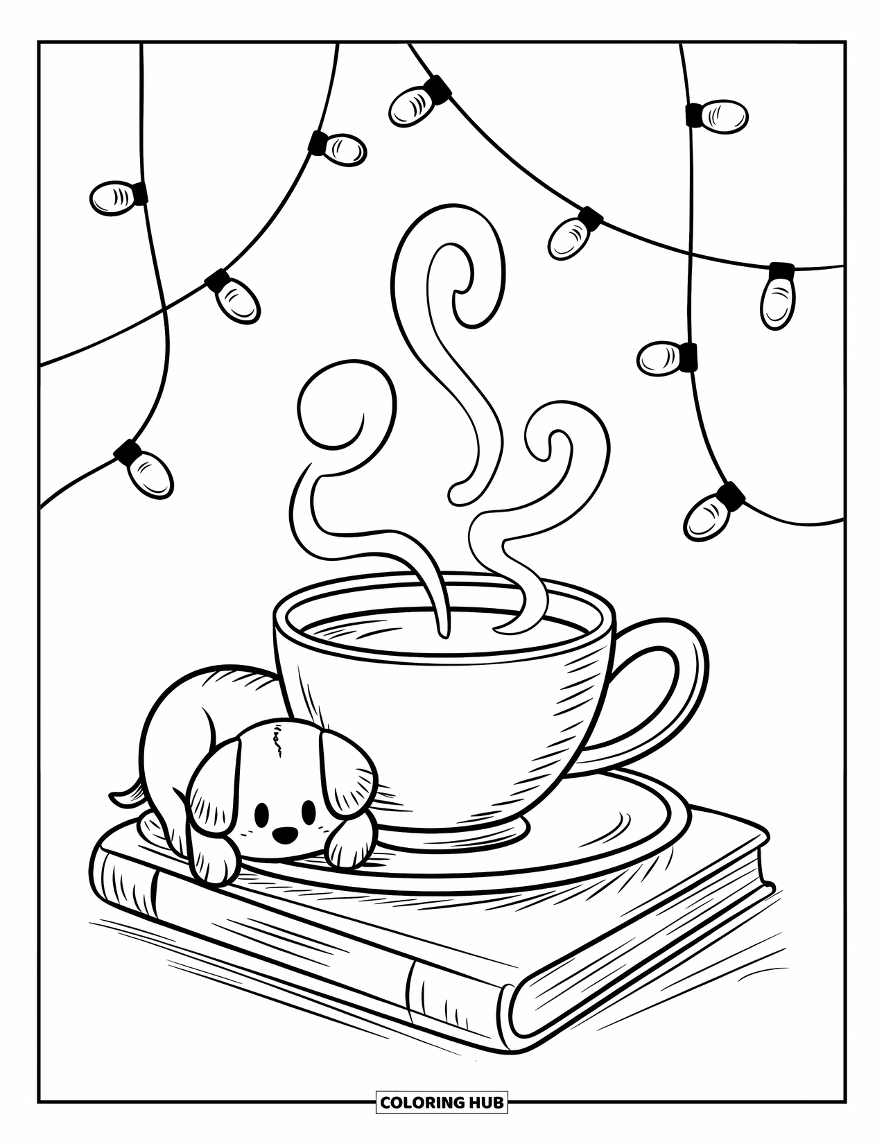 Drink Coloring Page for Adults: A steaming teacup on a stack of books sits beside a sleeping puppy in a cozy nook