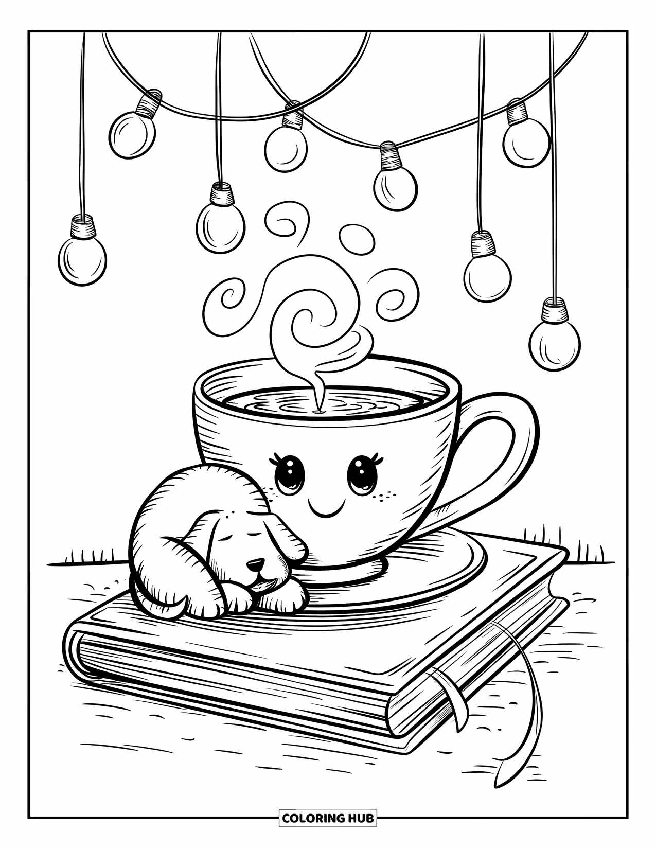 Drink Coloring Page for Adults: A teacup with swirling steam rests on books next to a curled-up puppy under fairy lights