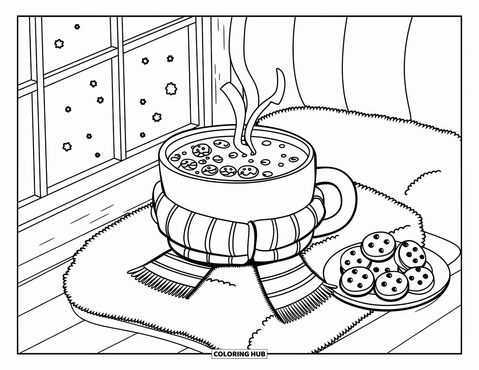 Drink Coloring Page for Adults: A warm hot chocolate mug with a scarf and marshmallows sits by a snowy window