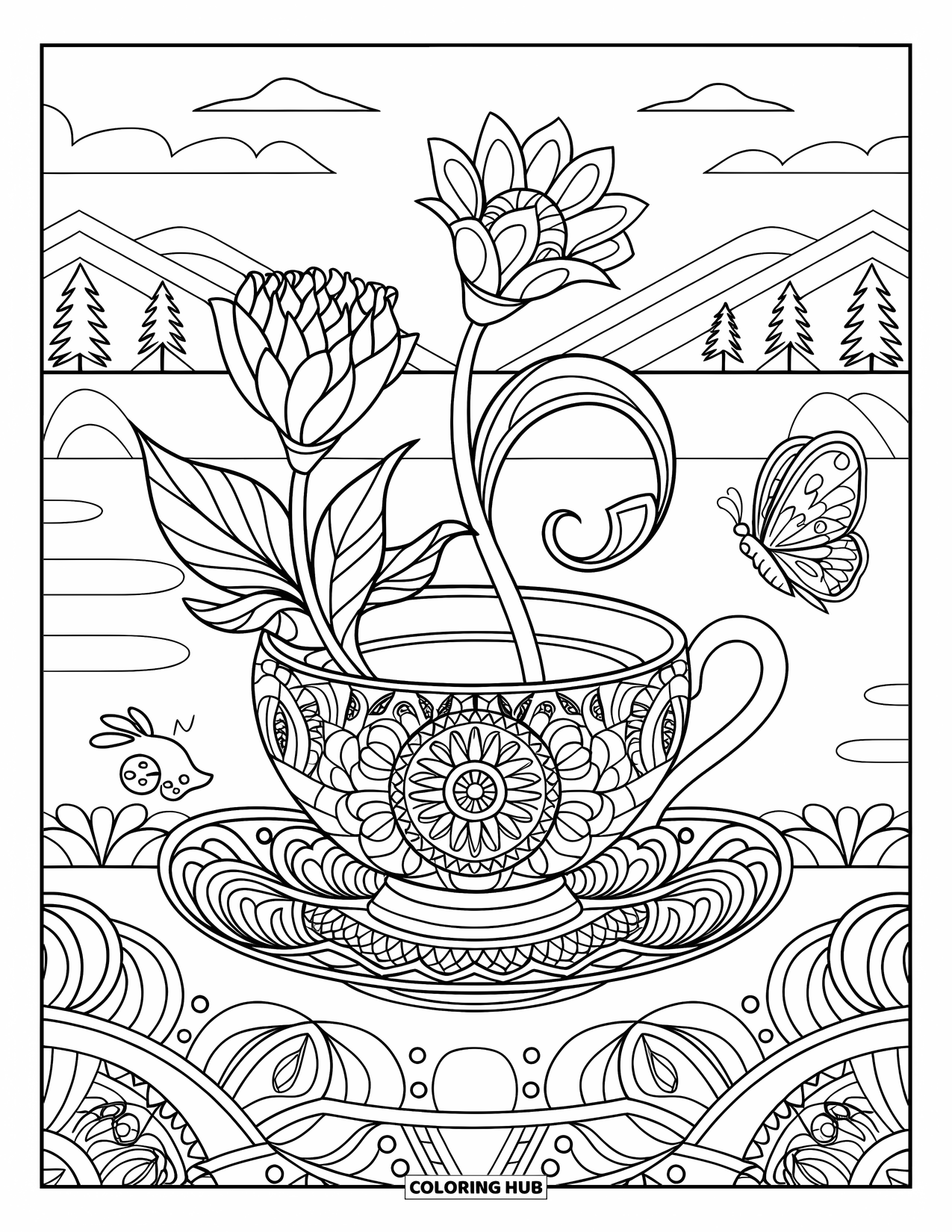 Drink Coloring Page for Adults: An intricately patterned teacup with flowers and a butterfly rests against a serene landscape