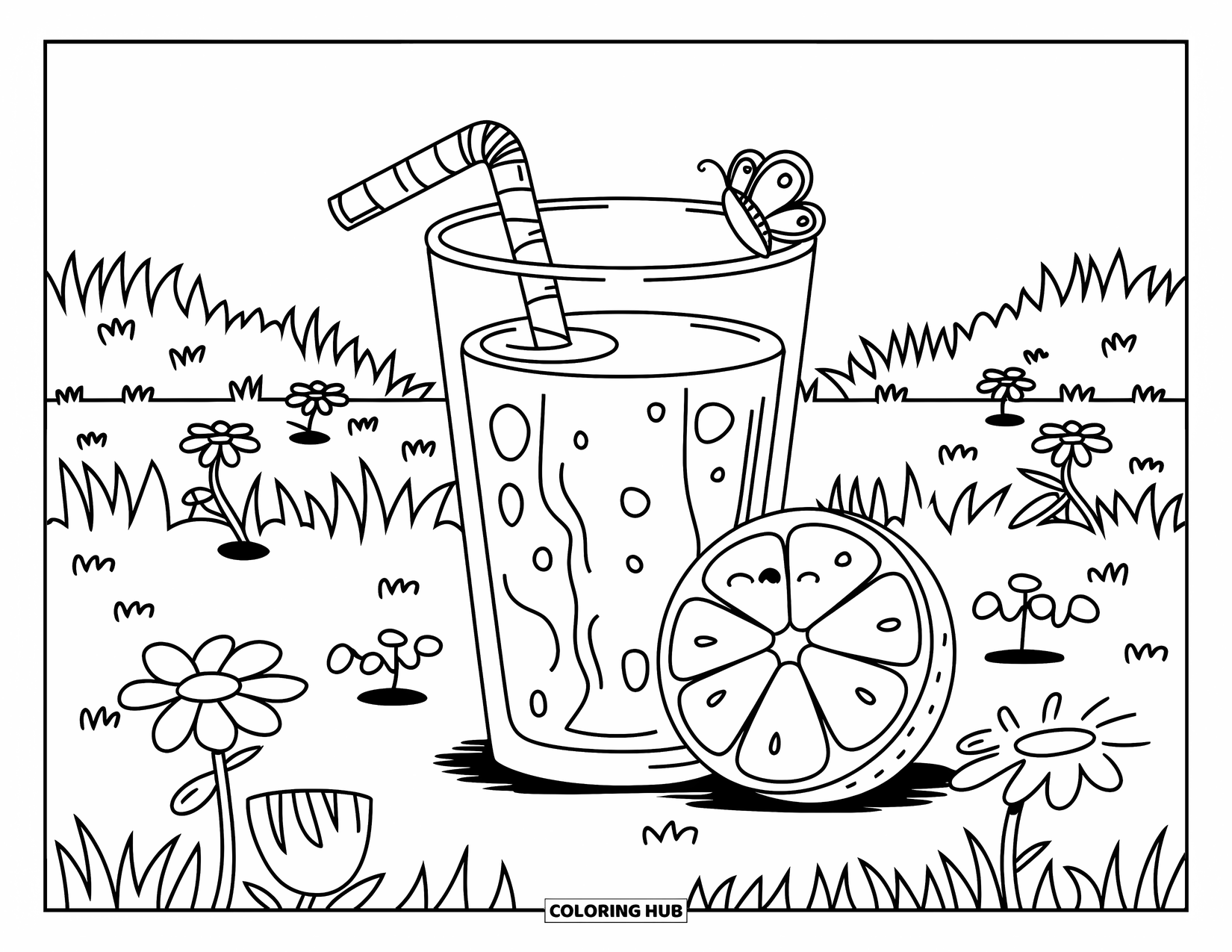 Drink Coloring Page for Adults: An orange juice glass with a straw and a cute orange slice rests among flowers in the sun
