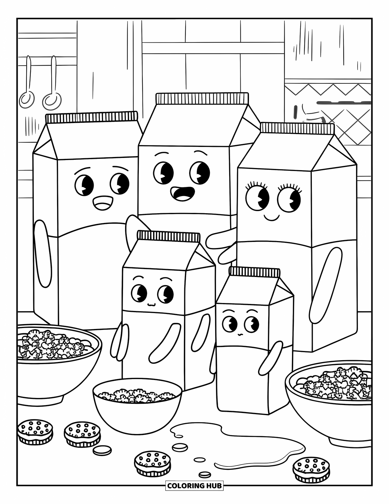 Drink Coloring Page for Adults: Three milk cartons with different expressions stand on a kitchen counter surrounded by breakfast items