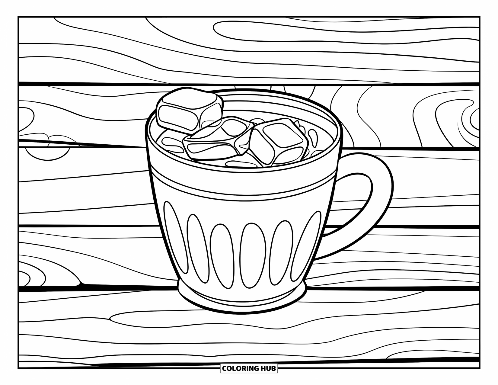 Drink Coloring Page for Kids: A blueberry juice cup with floating ice cubes rests on a wooden background