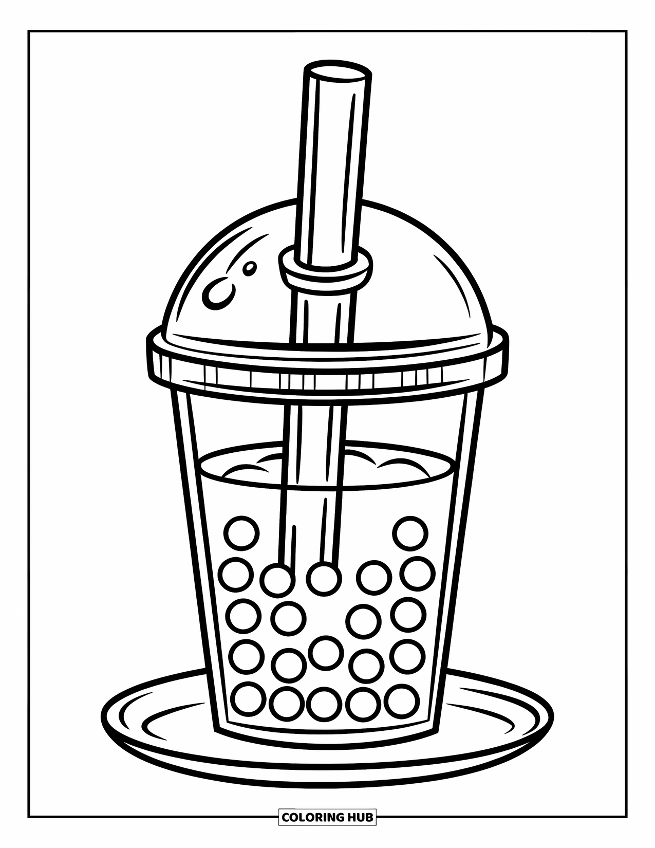 Drink Coloring Page for Kids: A bubble tea cup with tapioca pearls and a thick straw sits on a saucer