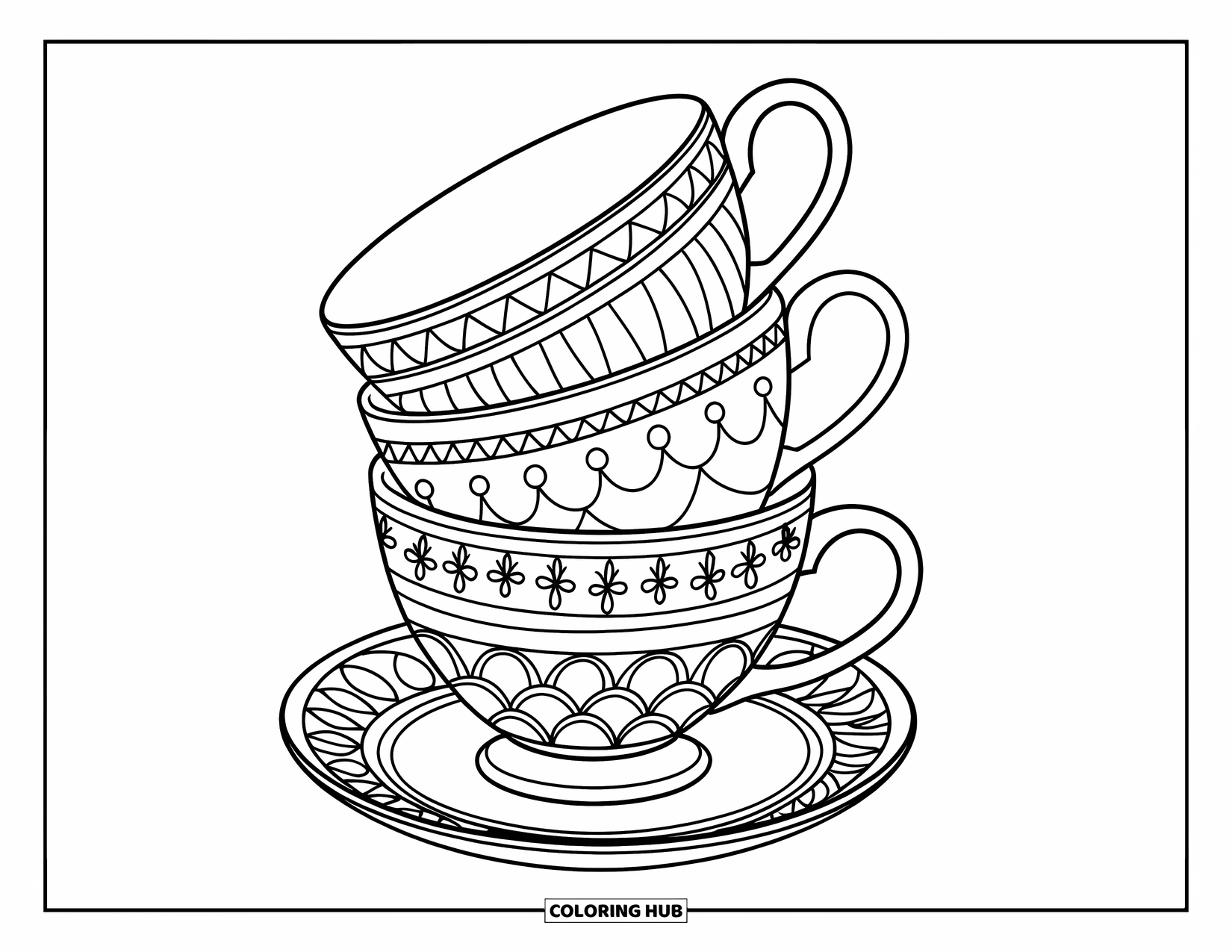 Drink Coloring Page for Kids: A charming stack of teacups with unique designs sits on a wooden base