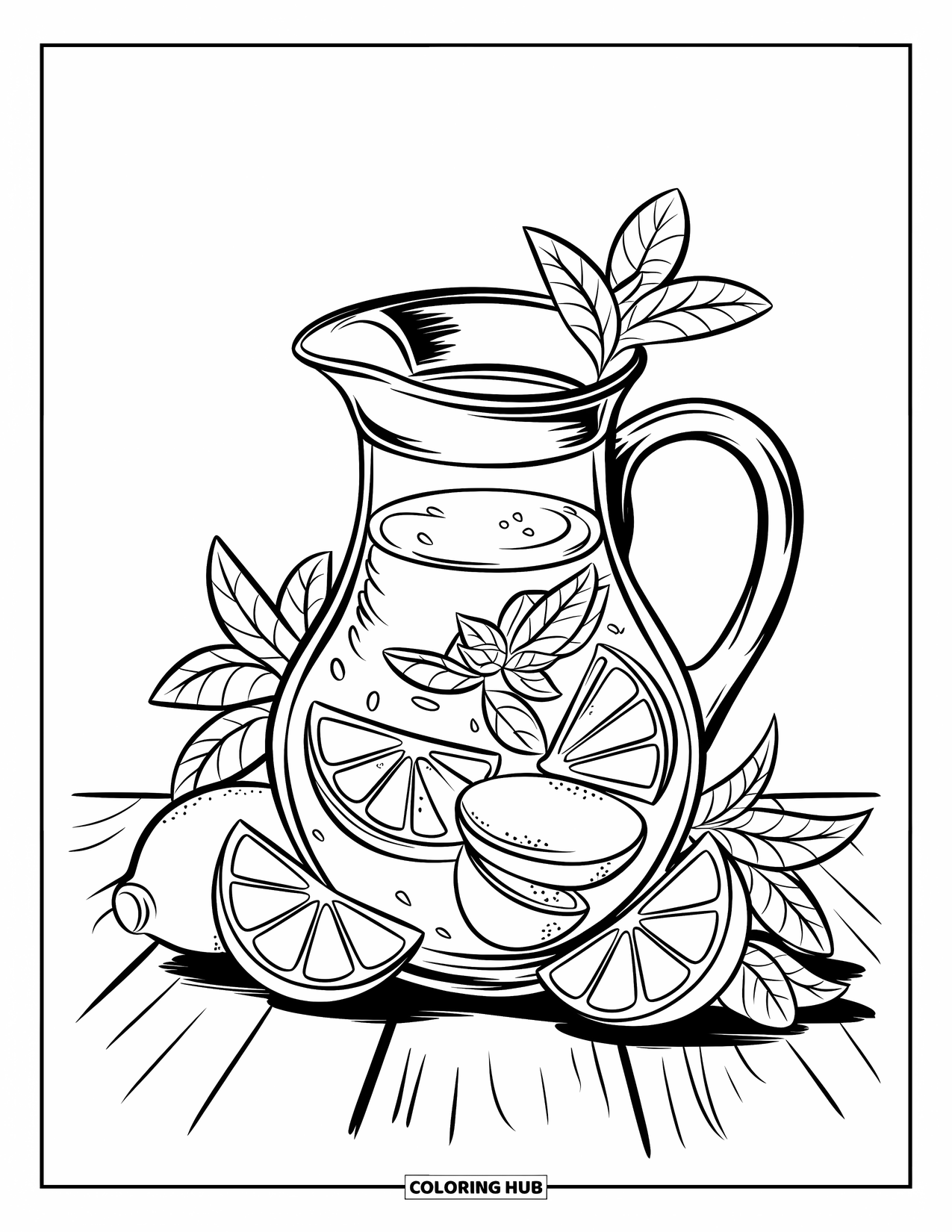 Drink Coloring Page for Kids: A classic lemonade pitcher surrounded by lemon wedges and mint leaves on a simple background