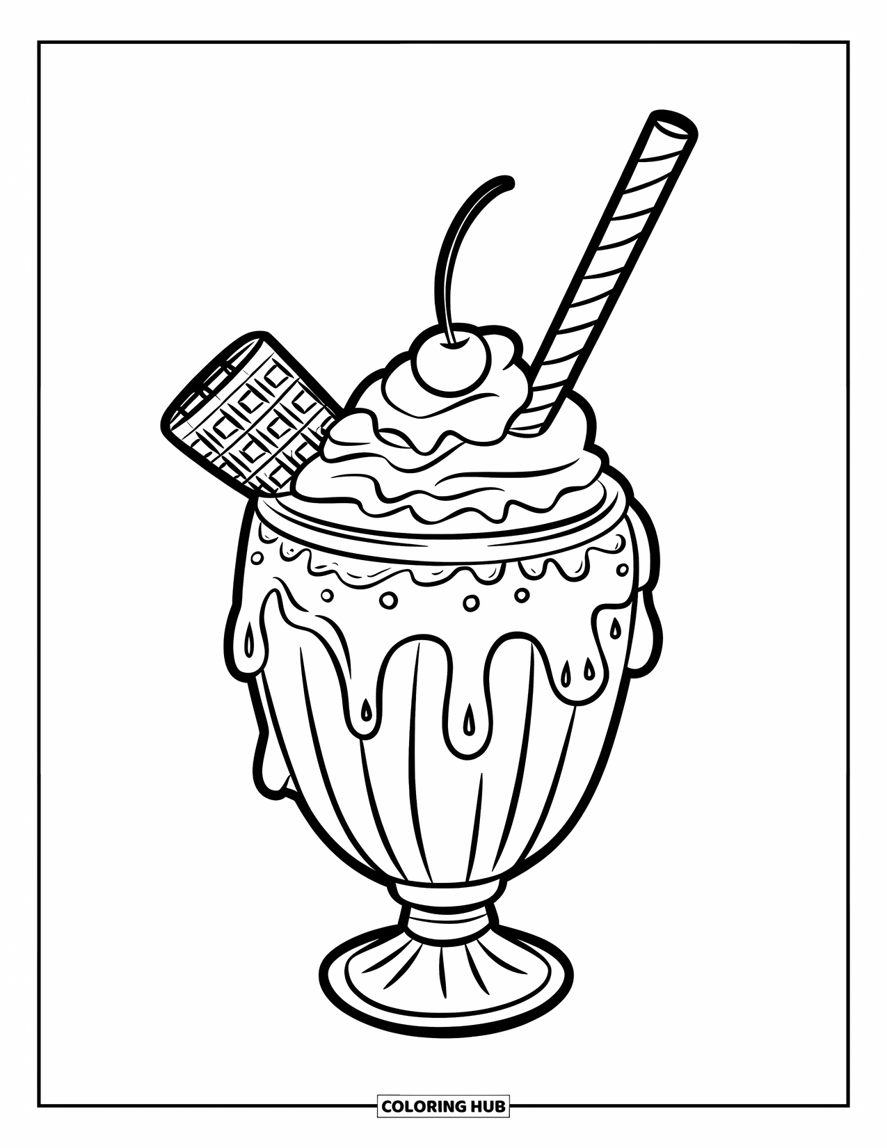 Drink Coloring Page for Kids: A classic milkshake with whipped cream, a striped straw, and a wafer sits in a glass