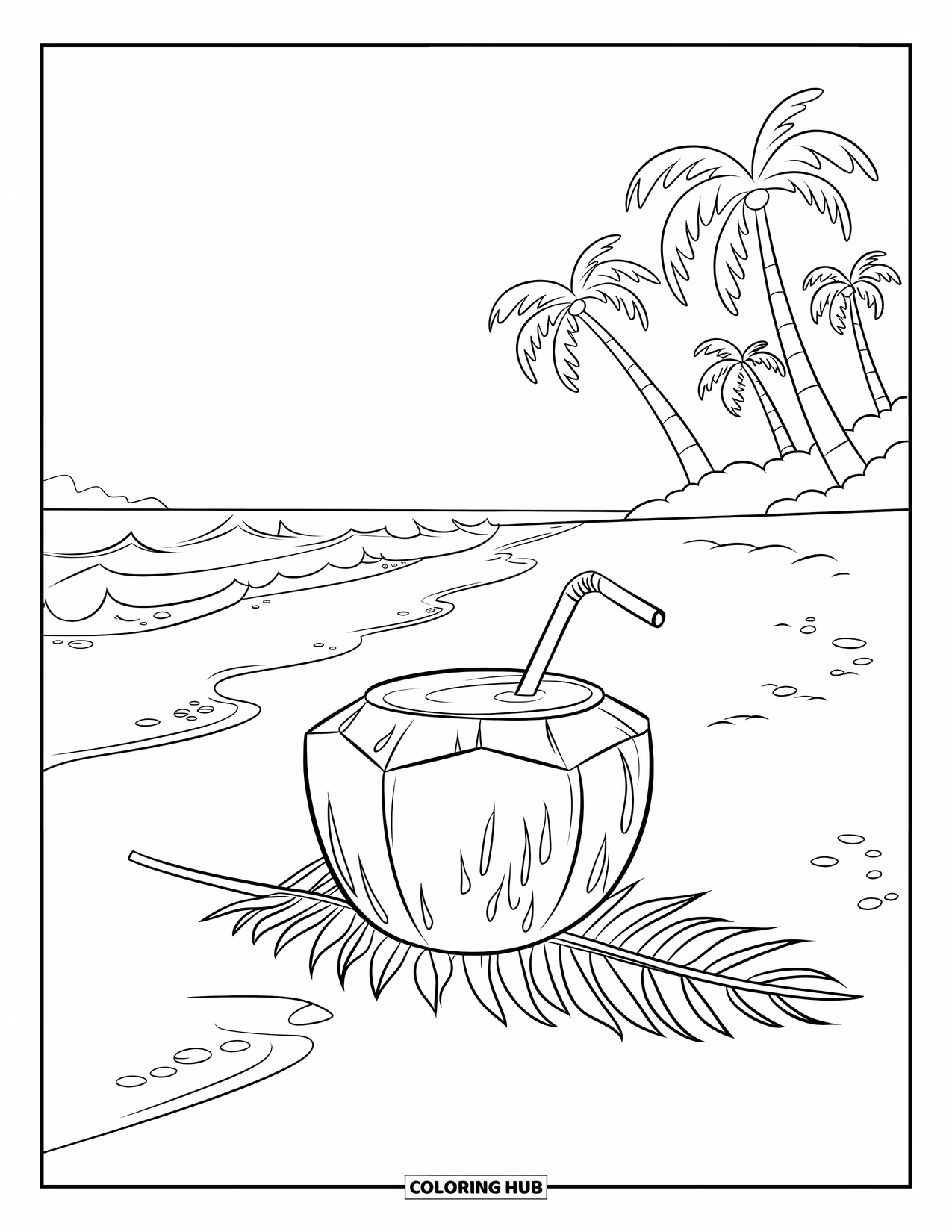 Drink Coloring Page for Kids: A coconut drink on a palm leaf sits on the shore with waves and swaying palm trees nearby