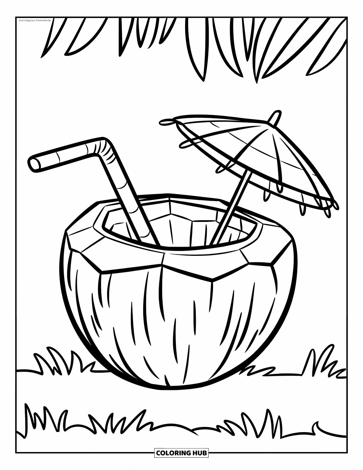Drink Coloring Page for Kids: A coconut drink with a straw and tiny umbrella rests on a grassy area