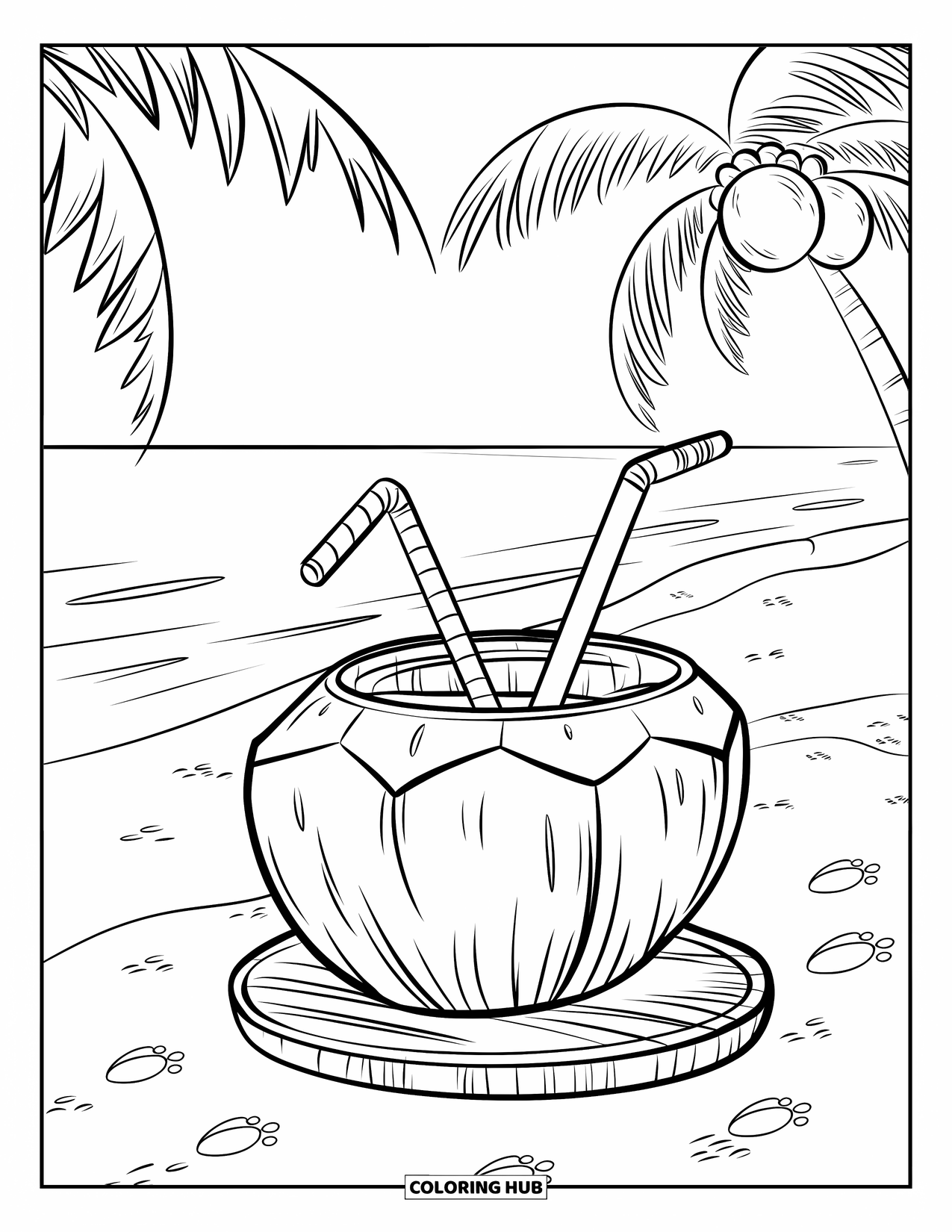 Drink Coloring Page for Kids: A coconut drink with a straw sits on a wooden platter, surrounded by sand and palm trees