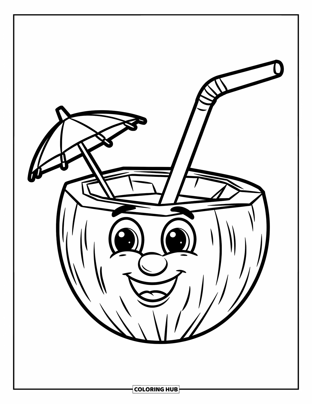 Drink Coloring Page for Kids: A coconut with a straw and umbrella has a smiling face and simple, bold outlines