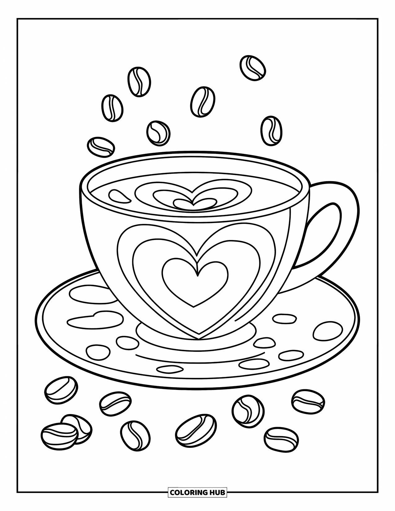 Drink Coloring Page for Kids: A coffee cup with a heart design in its foam rests on a saucer with coffee beans nearby