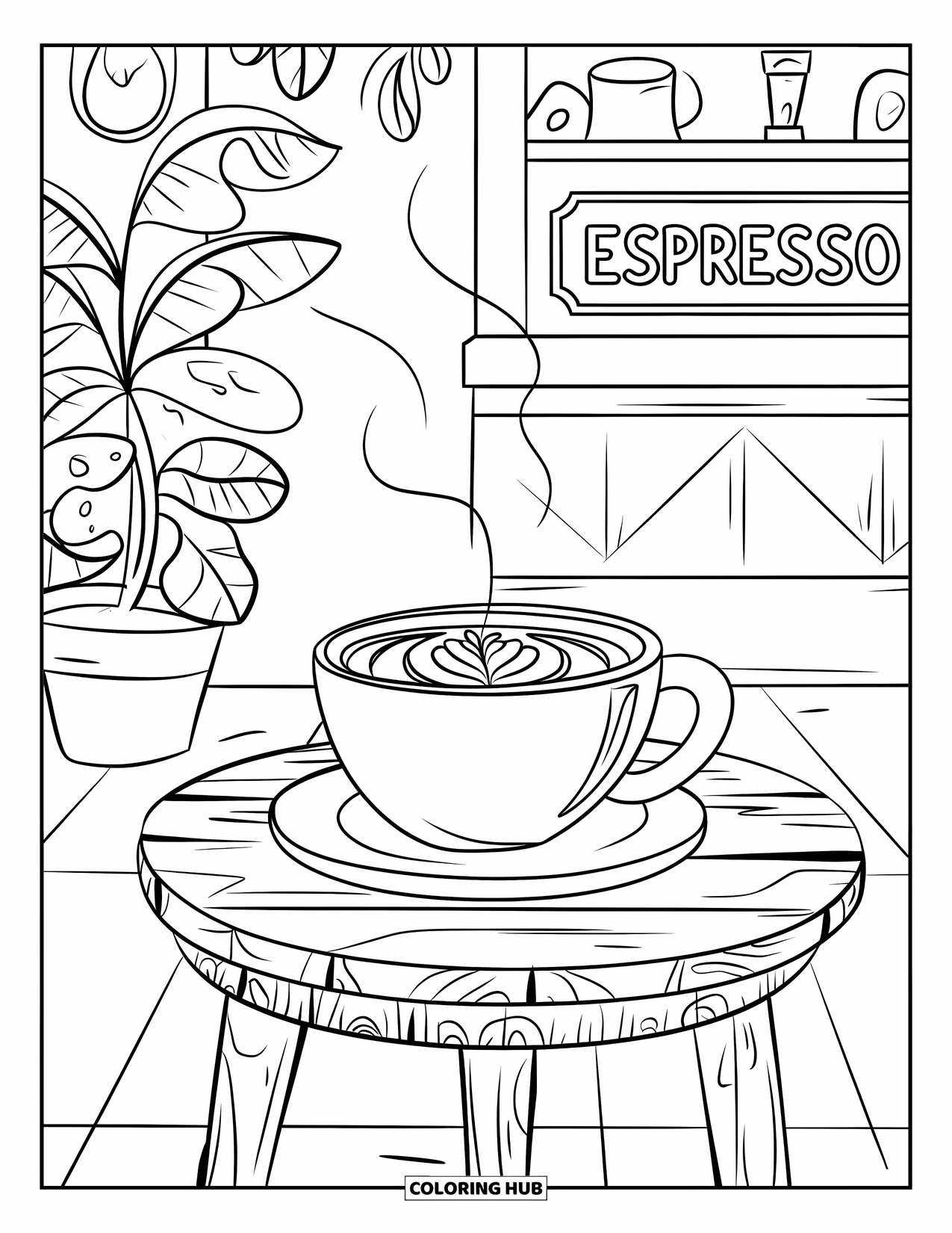 Drink Coloring Page for Kids: A cozy coffee shop scene features a steaming latte on a rustic wooden table with plants
