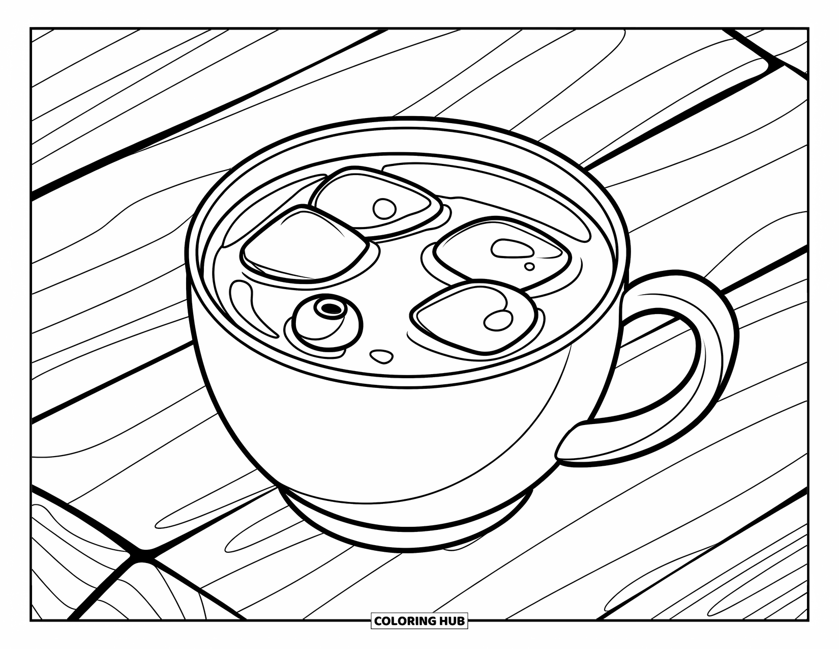 Drink Coloring Page for Kids: A cup of blueberry juice with ice cubes sits on a wooden surface with a floating blueberry