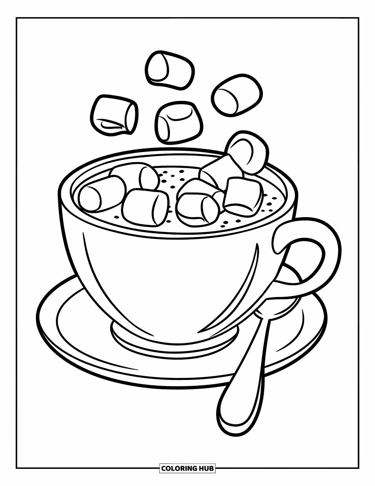 Drink Coloring Page for Kids: A cup of hot chocolate with marshmallows and steam sits on a saucer with a spoon