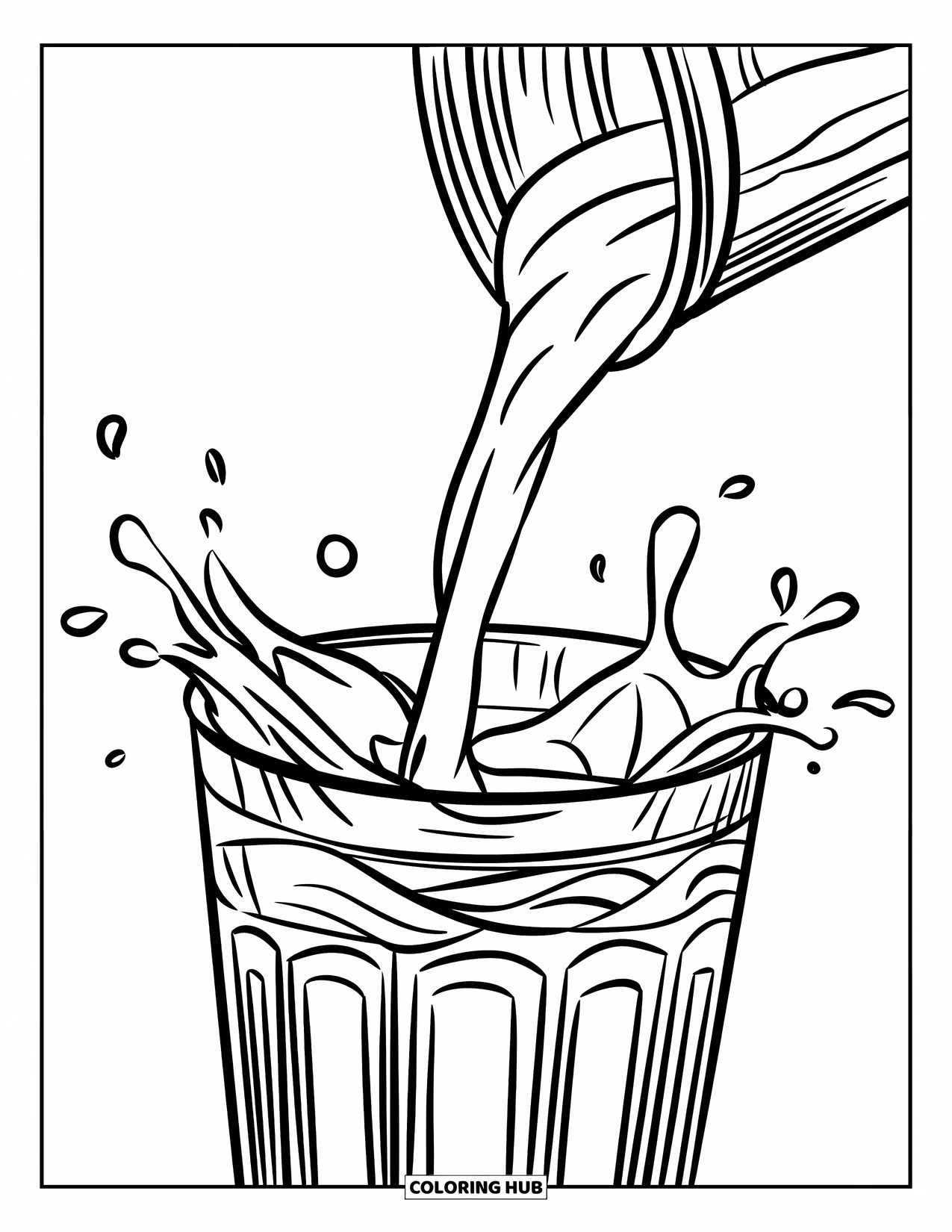 Drink Coloring Page for Kids: A dripping effect surrounds a glass as a drink is poured in, creating a lively scene