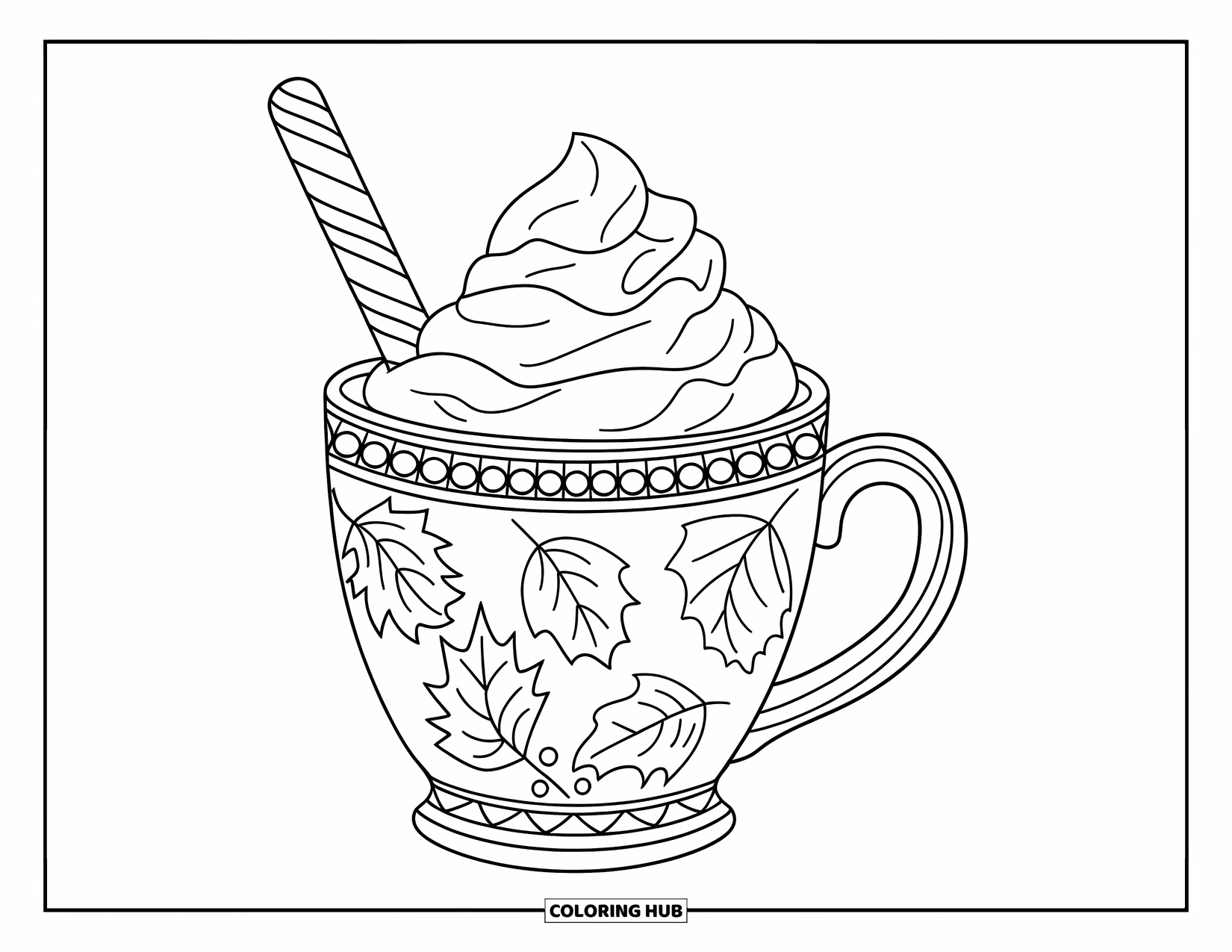 Drink Coloring Page for Kids: A fall-themed mug with whipped cream and a peppermint candy stick sits on a wooden surface