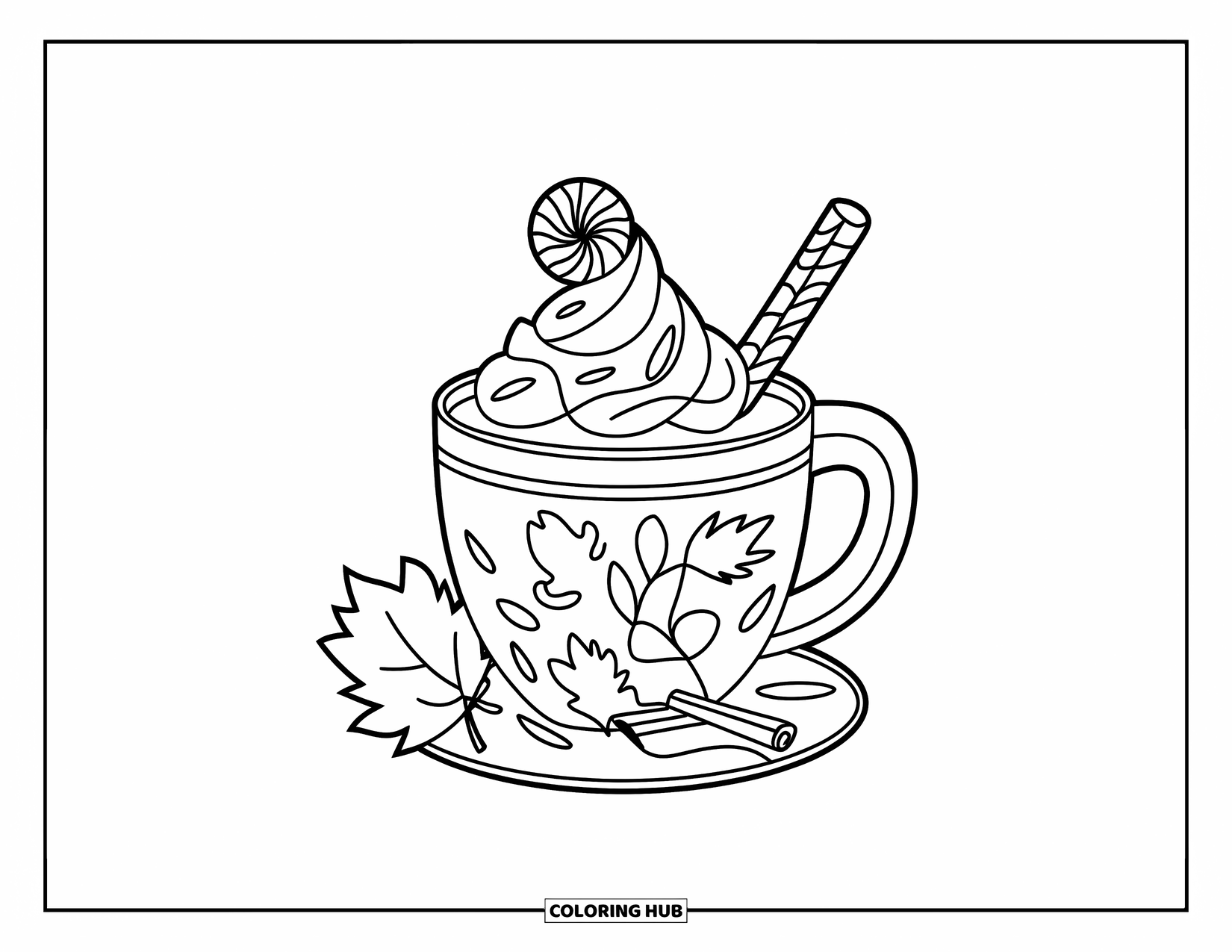 Drink Coloring Page for Kids: A festive fall mug filled with a warm drink features cinnamon, autumn leaves, and whipped cream
