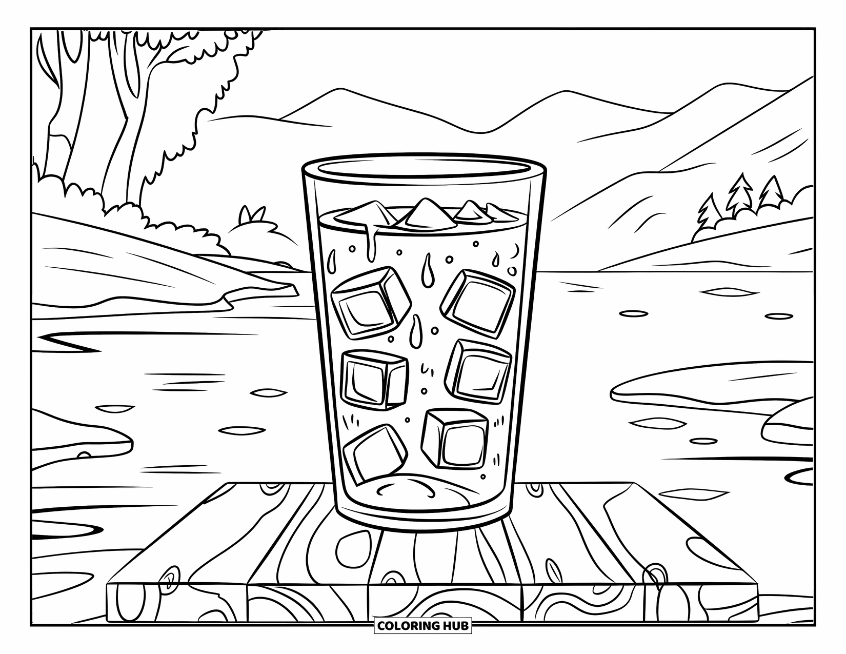 Drink Coloring Page for Kids: A frozen lemonade glass on a wooden plank, set against a peaceful landscape of trees and water