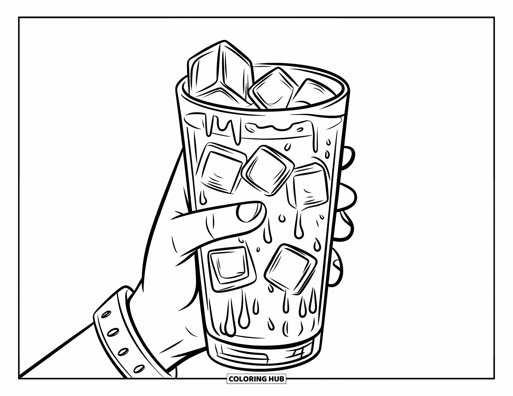 Drink Coloring Page for Kids: A frozen lemonade glass with ice and condensation is held by a hand with a stylish wristband