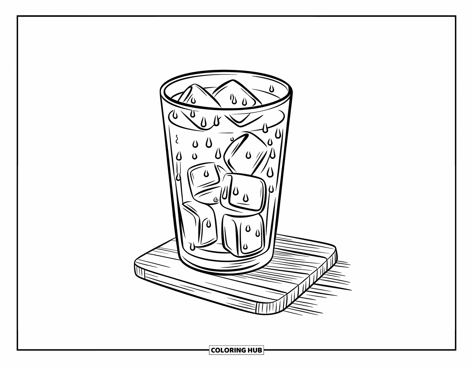 Drink Coloring Page for Kids: A frozen lemonade glass with ice cubes and condensation rests on a wooden board