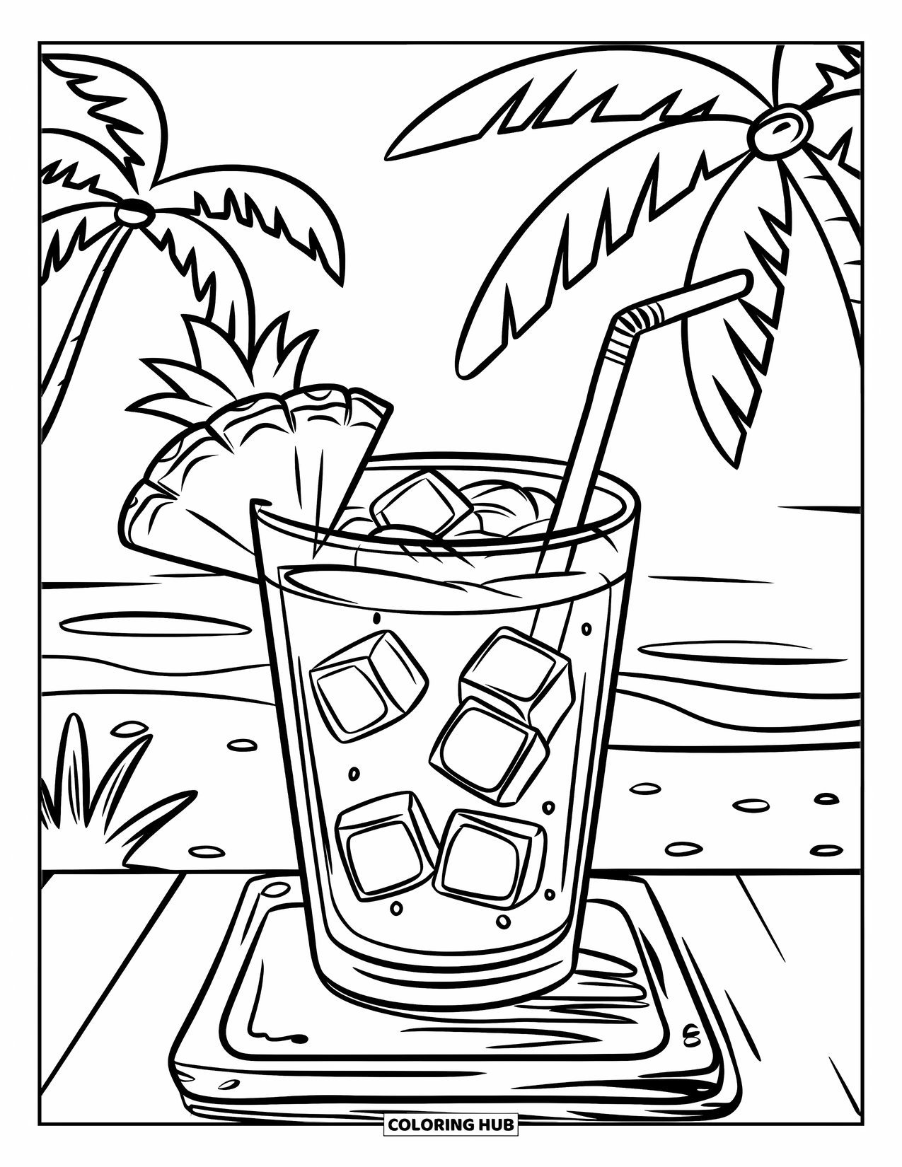 Drink Coloring Page for Kids: A glass of tropical juice with ice cubes, pineapple, and a straw sits on a wooden board