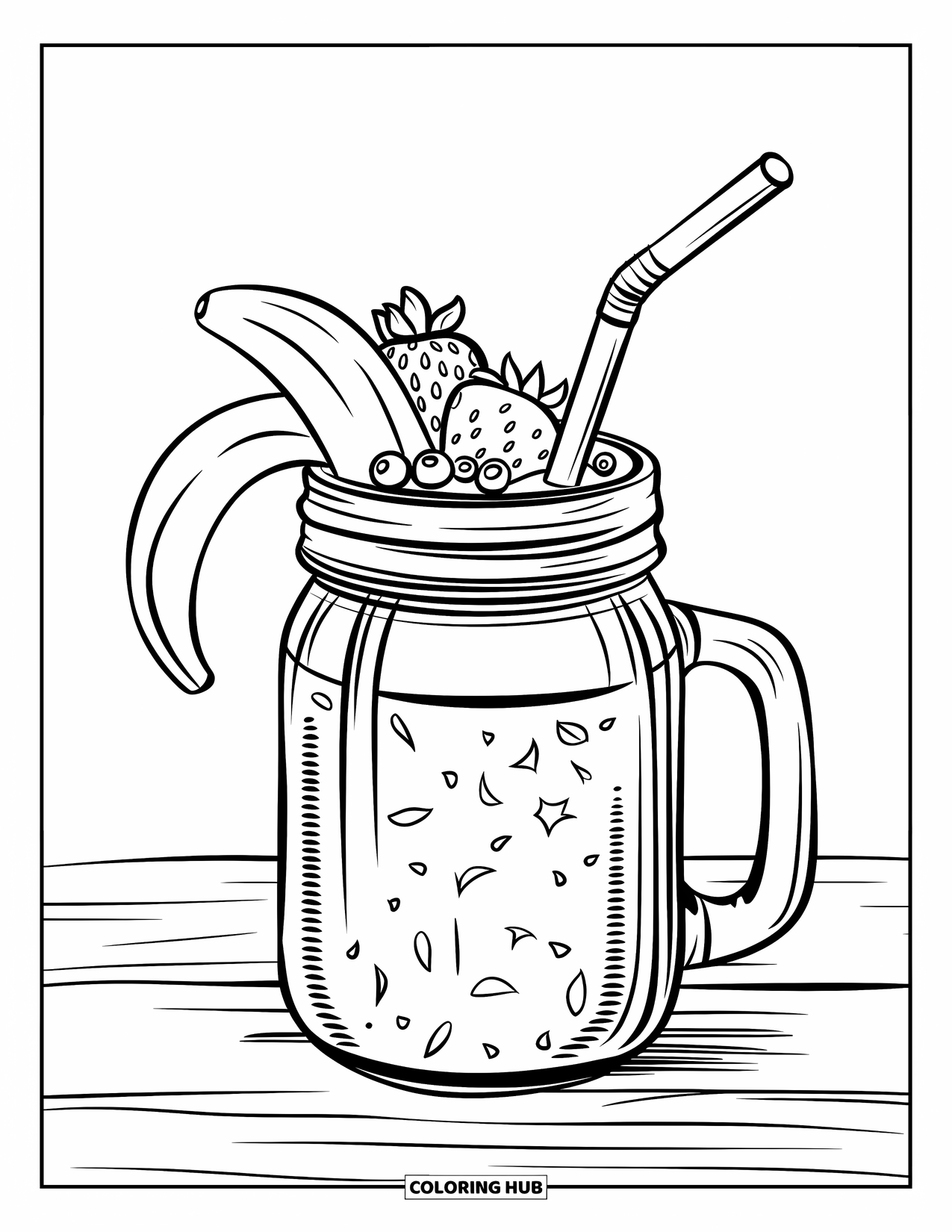 Drink Coloring Page for Kids: A green smoothie in a mason jar with fruit garnishes rests on a wooden table