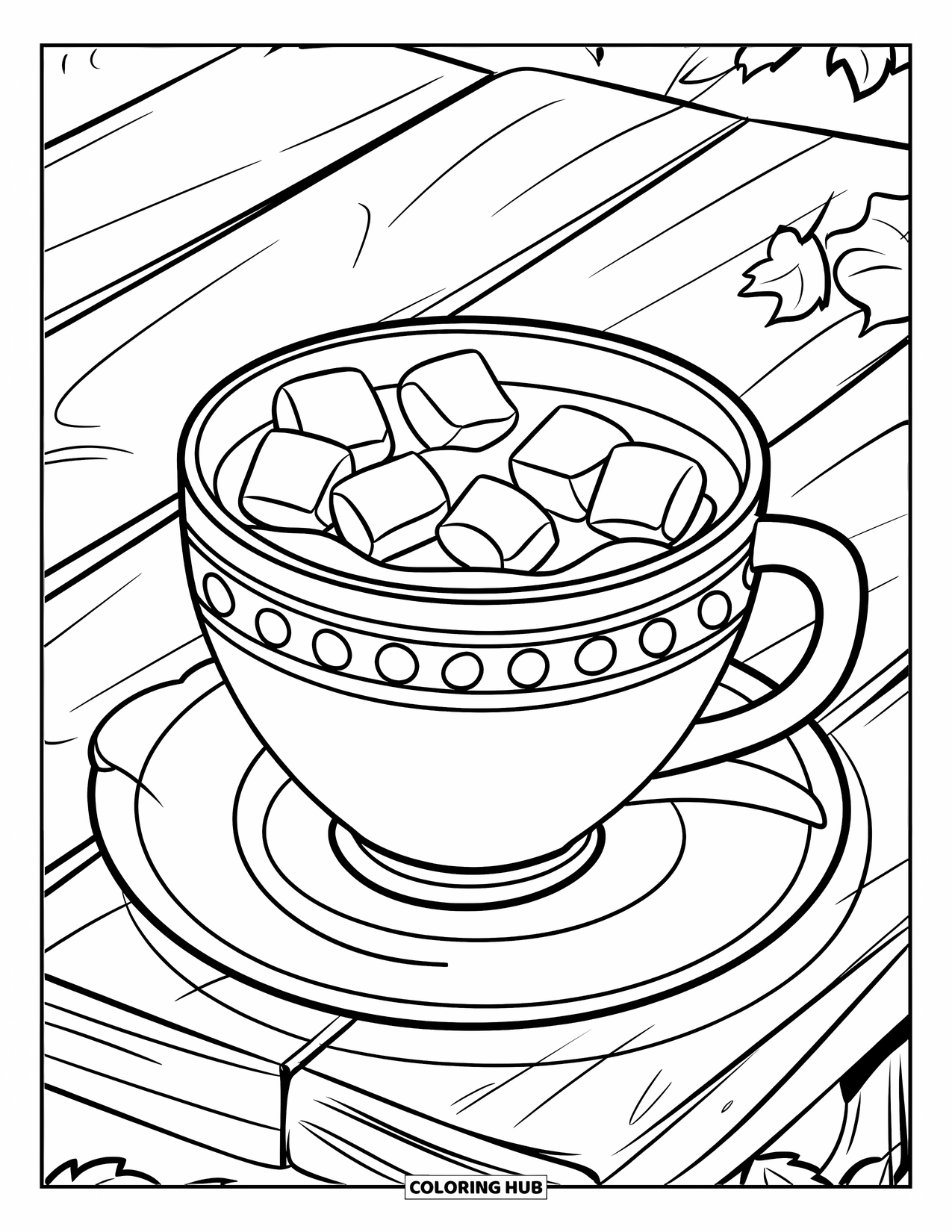 Drink Coloring Page for Kids: A hot chocolate cup with marshmallows sits on a wooden table with scattered autumn leaves