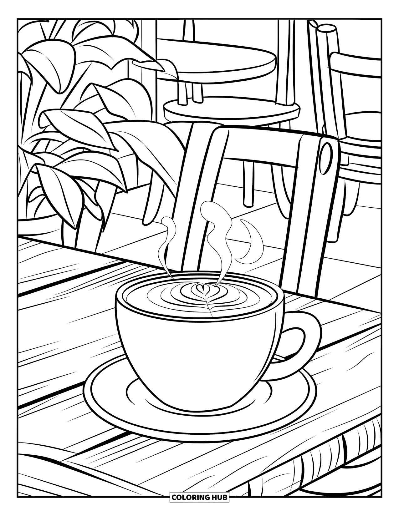 Drink Coloring Page for Kids: A latte on a rustic wooden table is surrounded by chairs, a potted plant, and decorations