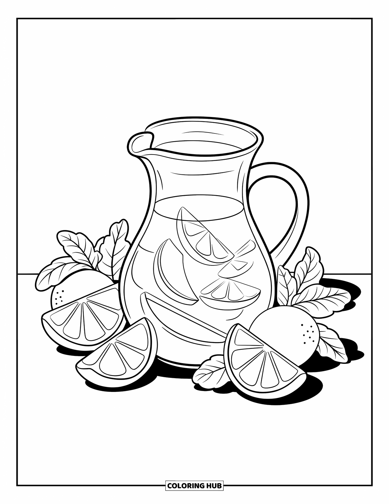 Drink Coloring Page for Kids: A lemonade pitcher with a handle and spout is surrounded by lemon wedges and mint leaves