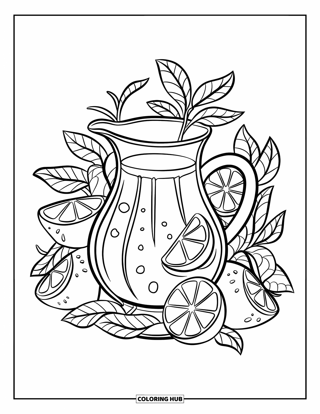 Drink Coloring Page for Kids: A lemonade pitcher with lemon wedges and mint leaves sits on a wooden surface