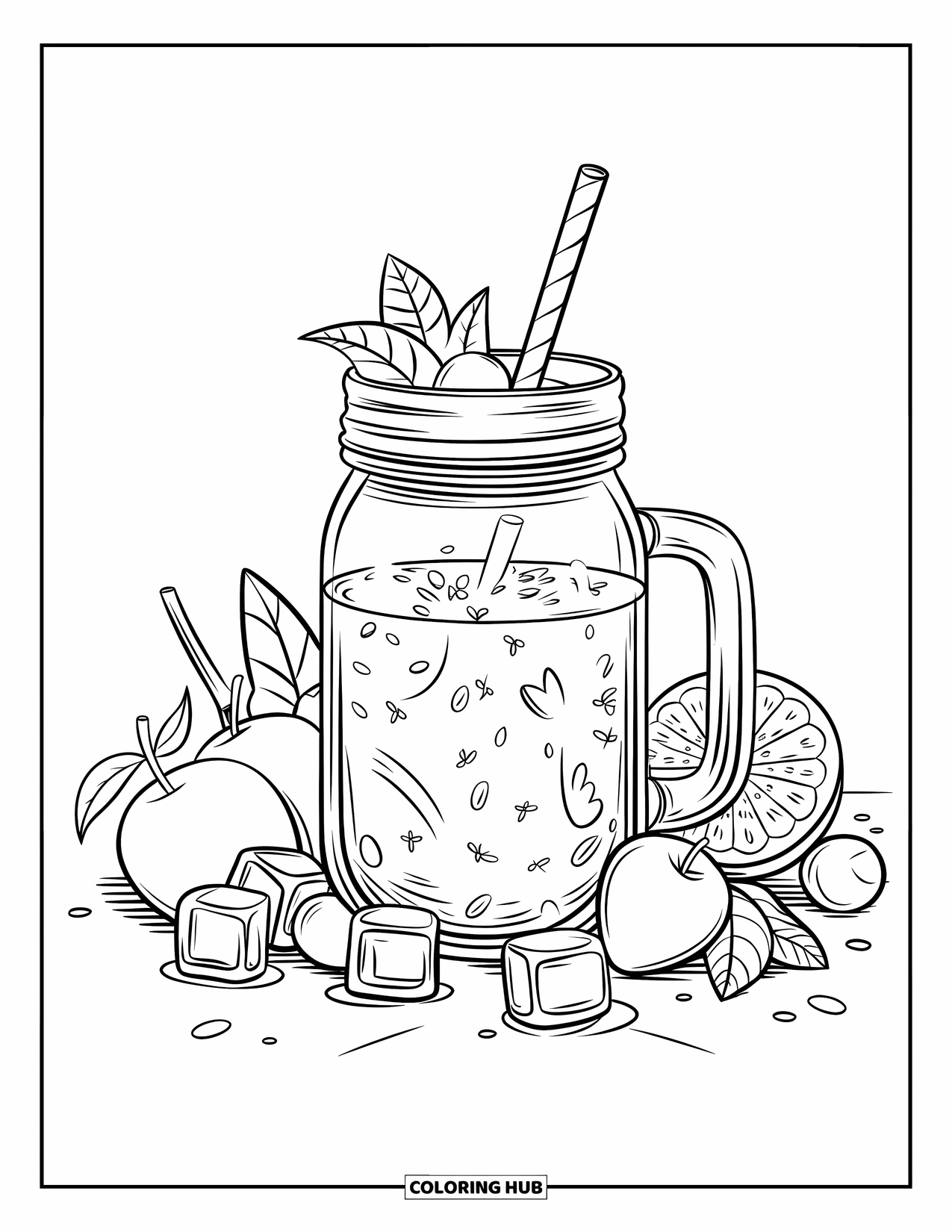 Drink Coloring Page for Kids: A mason jar with a smoothie is surrounded by ice cubes and fruits on a wooden table