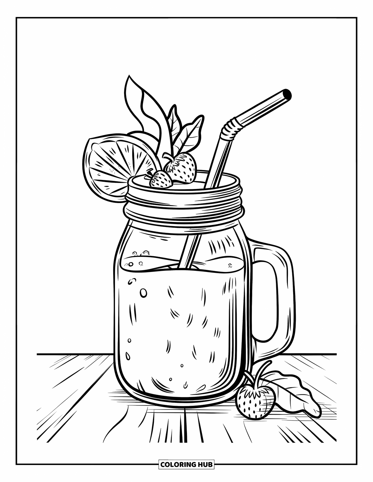 Drink Coloring Page for Kids: A mason jar with a smoothie, metal straw, and fruit garnishes sits on a wooden surface
