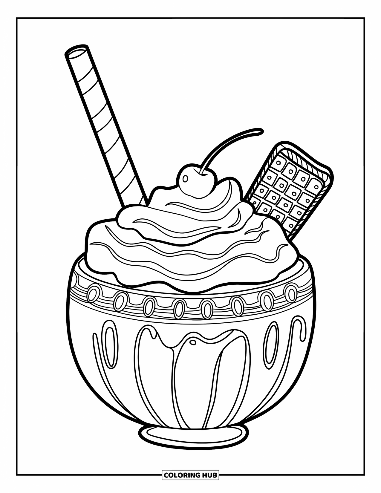 Drink Coloring Page for Kids: A milkshake in a bowl with chocolate and caramel drizzles is topped with whipped cream