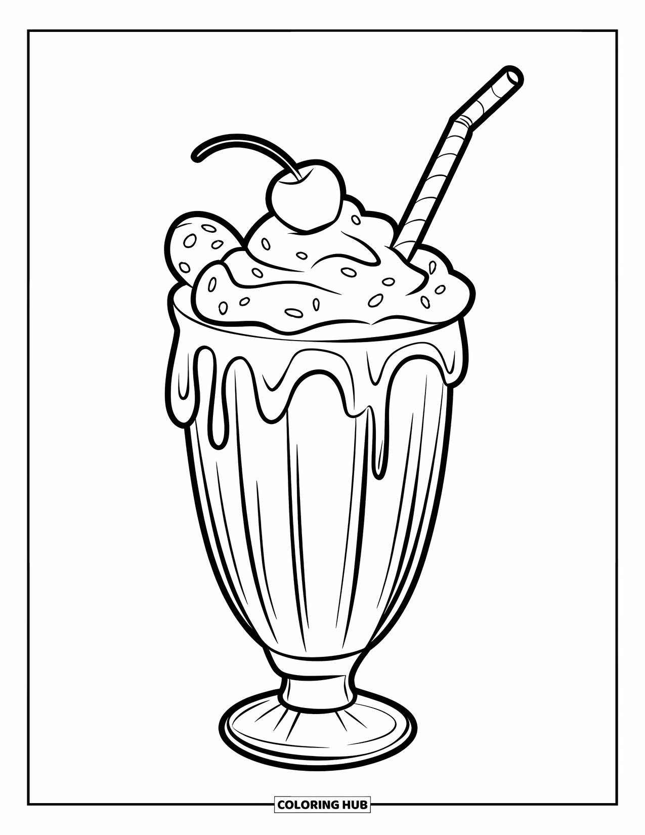 Drink Coloring Page for Kids: A milkshake in a glass with whipped cream, a straw, and a cherry sits on a table