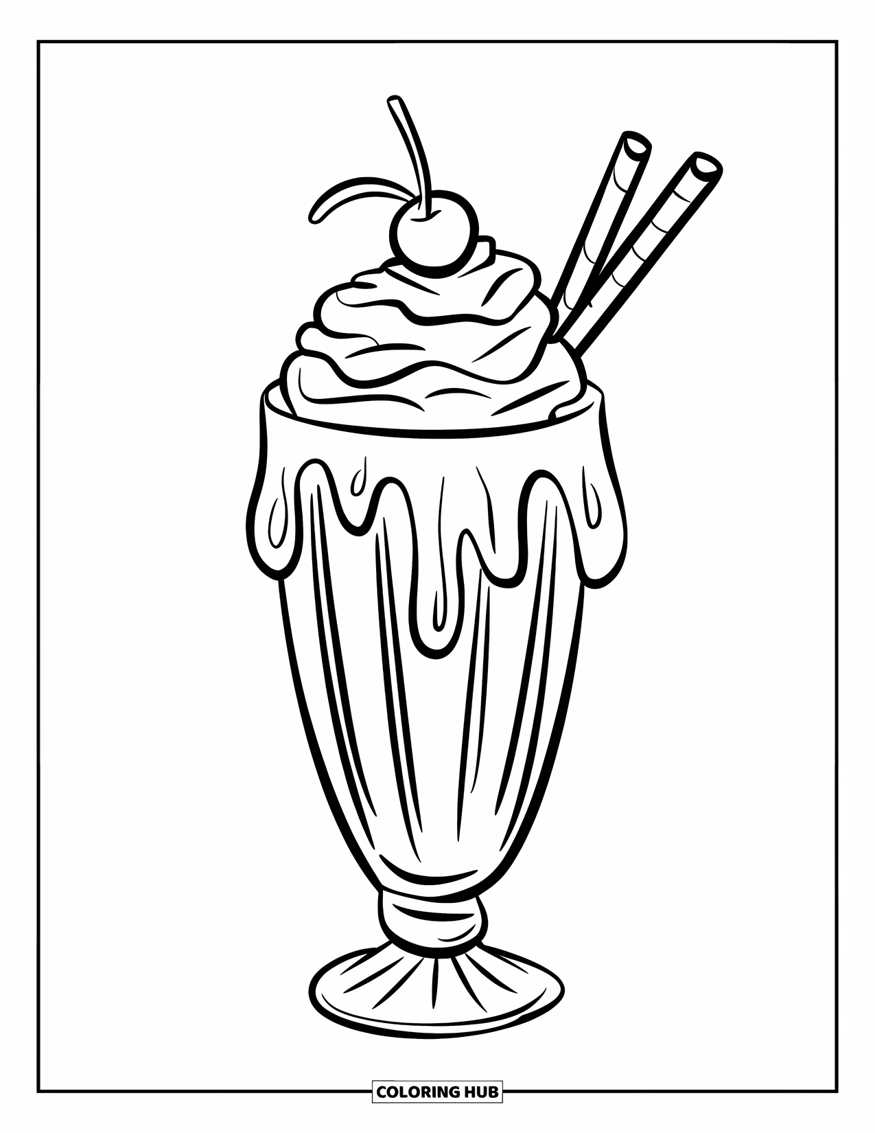 Drink Coloring Page for Kids: A milkshake with a cherry on top sits in a tall glass with a straw and spoon