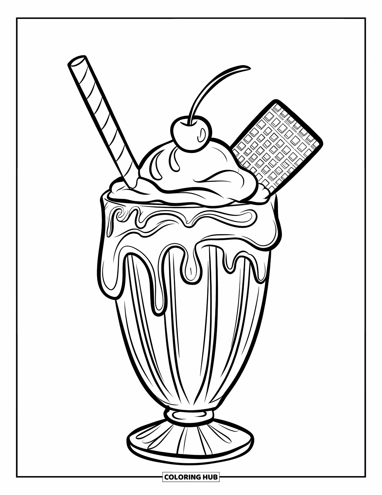 Drink Coloring Page for Kids: A milkshake with a cherry on top sits in a vintage-designed glass with a striped straw