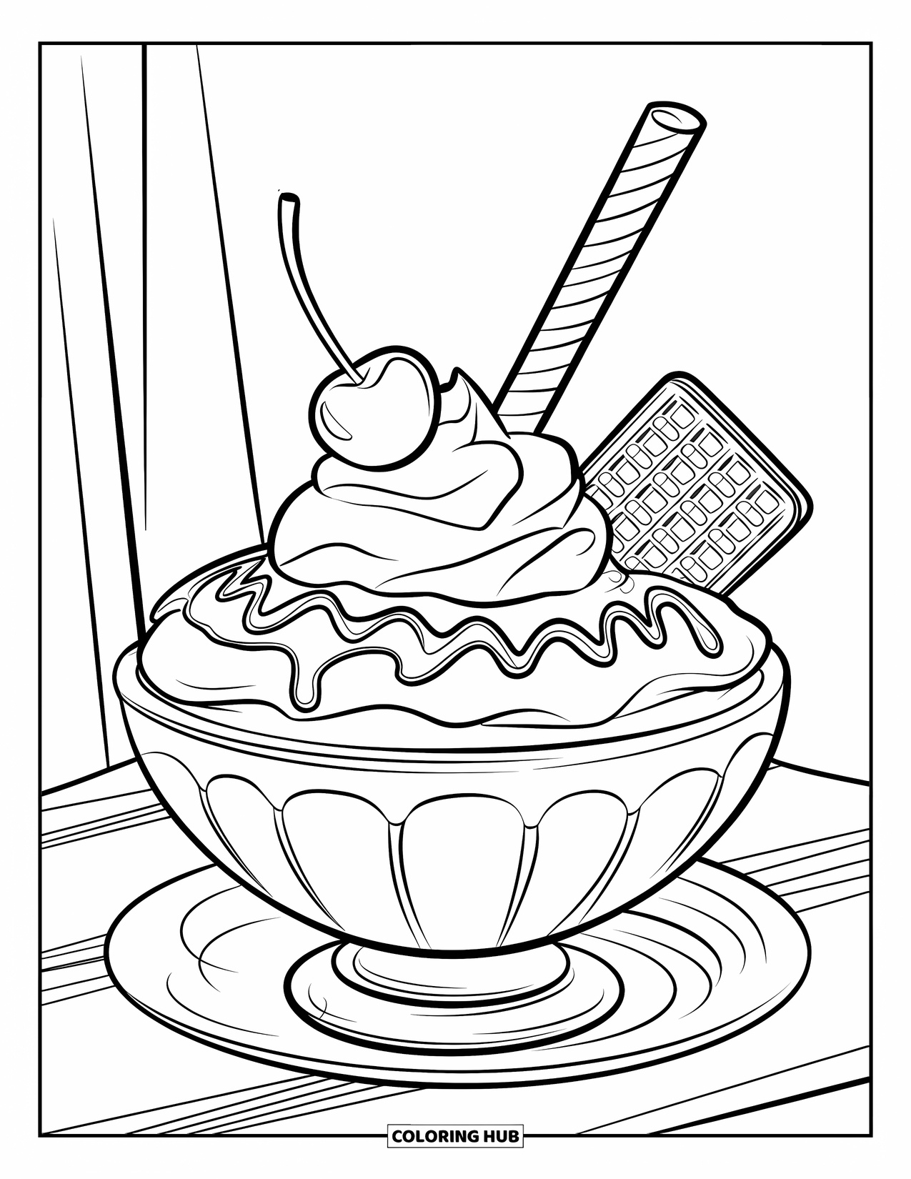 Drink Coloring Page for Kids: A milkshake with a wafer and striped straw sits in a bowl with caramel drizzles